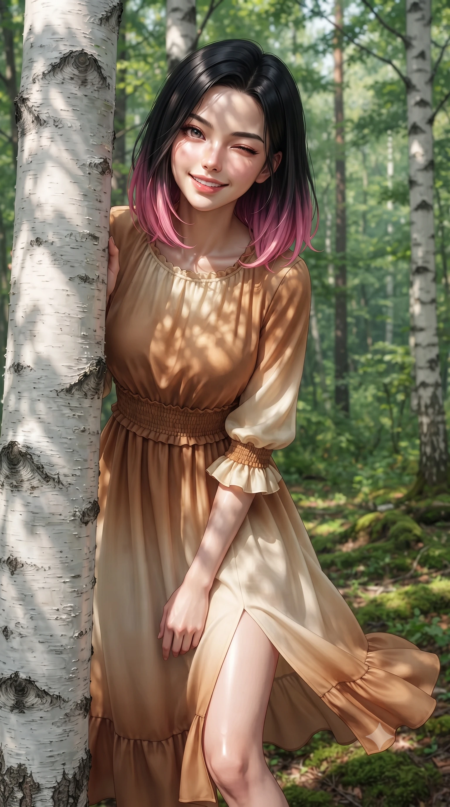 score_9, masterpiece, best quality, ultra-detailed, high-budget anime keyframe, editorial fashion photography, tasteful artistic composition, Korean woman. close-up cowboy shot from the waist and thighs up, the character dominates the composition, filling the frame with her large presence. smiling warmly with slightly parted glossy lips and a lovely expression, her upper body turning dynamically toward the camera while peeking playfully from behind a smooth white birch tree trunk with a charming wink and infectious bright smile. The surrounding environment is rendered in vivid detail and crisp panoramic clarity. intricate woodland chiaroscuro and pristine natural forest ecosystems captured with precision. She has an exceptionally elegant, slender, and willowy female figure with an ultra-slim waist, a gracefully sculpted slender torso, toned flat midriff, and a refined slim silhouette. sharp v-shaped jawline, high-bridge nose, intricate jewel-like eyes with depth, thick eyelashes, glossy lips with a natural sheen, pure and lovely fresh girlhood expression, flawlessly proportioned anatomical accuracy, strict slender model proportions, natural body alignment, perfectly sculpted long slender limbs, ultra-slim waistline, clean dynamic posture without body distortion. wearing a flowy silk-chiffon maxi dress with a gentle side slit and fluttering hemline in warm caramel and cream vanilla, crafted from soft breathable linen that flutters gently in the breeze, accented with soft smocked elastic details and ruffled cuff trims, the tailored casual silhouette highlighting her fresh and youthful presence and perfectly proportioned slender frame. illuminated by soft natural dappled forest light creating playful sun patterns across her face and dress. ultra-reflective glossy finish, specular highlights, rich natural textures, high-contrast stereoscopic depth, volumetric dynamic lighting, 2k, ultra detail, master piece, 9:16 ratio