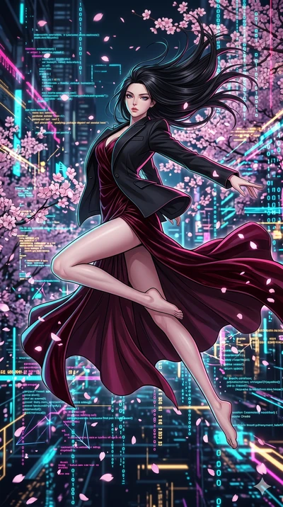 score_9, masterpiece, best quality, ultra-detailed, high-budget anime movie keyframe, cinematic anime lighting, intricate line art, Japanese woman. Mid-air action shot capturing a graceful twist and vertical silhouette. leaping through a blizzard of 