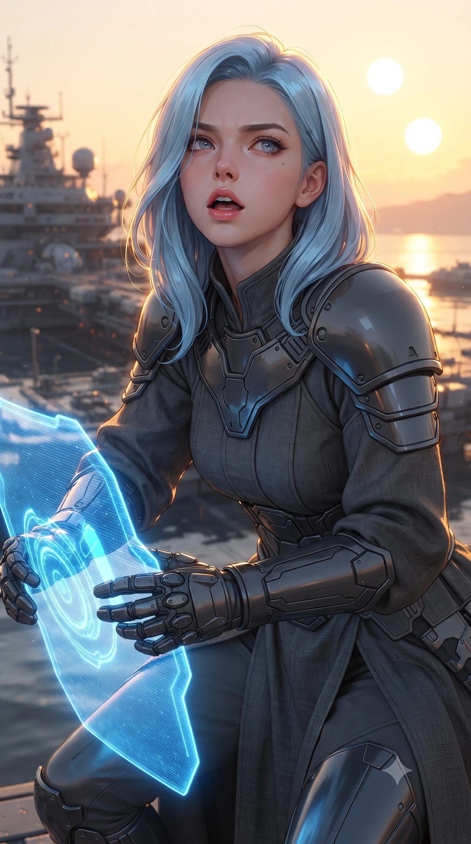 score_9, masterpiece, best quality, ultra-detailed, high-budget anime keyframe, editorial fashion photography, tasteful artistic composition, Korean woman. close-up cowboy shot from the waist and thighs up, the character dominates the composition, filling the frame with her large presence, background elements kept in soft focus. crouching slightly behind a glowing holographic shield emitter, looking up with defiance and lips slightly parted, the background shows a soft-focus a research vessel deck docked in a bay of liquid mercury under a binary sun. She has an exceptionally elegant, slender, and willowy female figure with an ultra-slim waist, a gracefully sculpted slender torso, and a refined silhouette. sharp v-shaped jawline, high-bridge nose, intricate jewel-like eyes with depth, thick eyelashes, glossy lips with a natural sheen. wearing a slim-fit neo-gothic space defender robe in dark grey linen, featuring structured shoulder pauldrons and matching combat gloves. brilliant golden hour sunset tracing her carbon-armor silhouette with a gold rim. ultra-reflective glossy finish, specular highlights, metallic sheen, high-contrast stereoscopic depth, volumetric dynamic lighting, 2k, ultra detail, master piece, 9:16 ratio