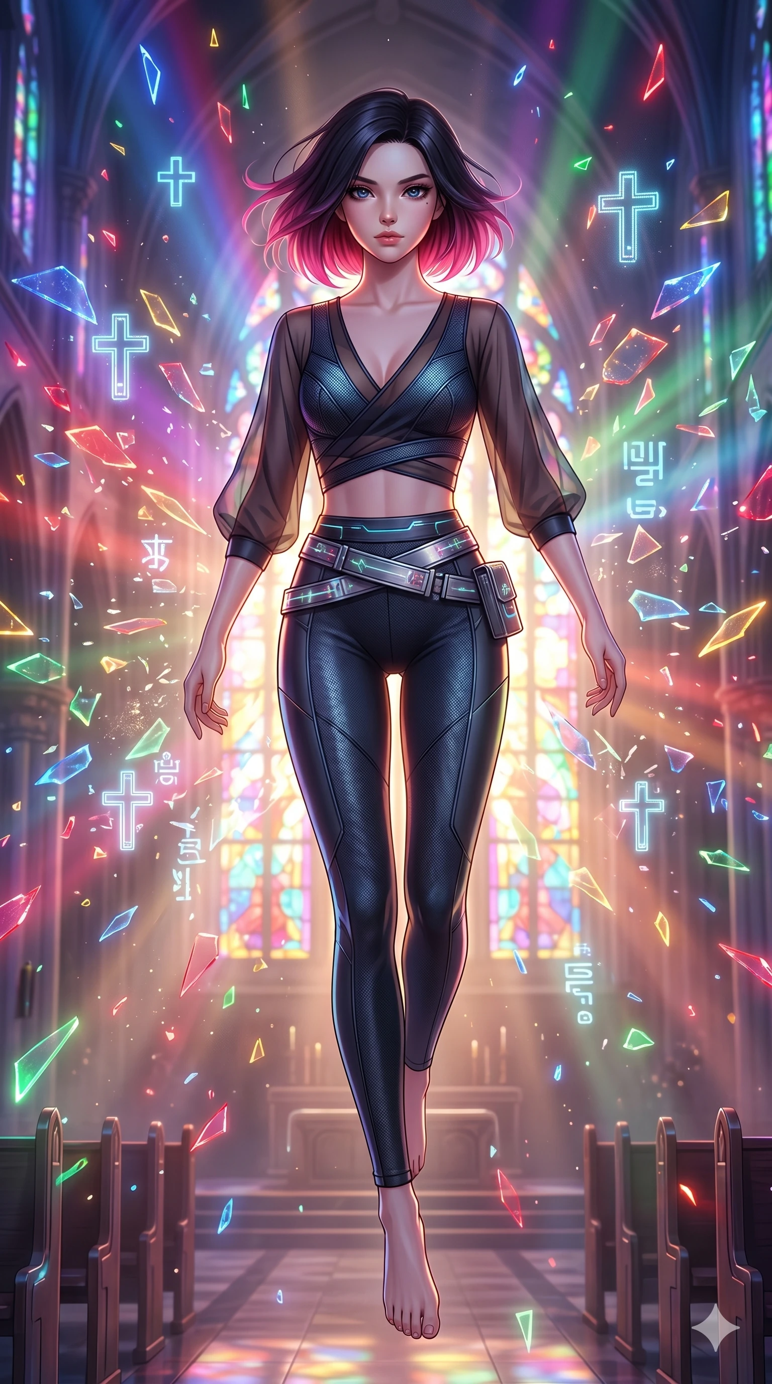 score_9, masterpiece, best quality, ultra-detailed, high-budget anime keyframe, editorial fashion photography, tasteful artistic composition, Korean woman. Upper body close-up from the thighs up, character filling the screen for maximum presence. She is leaping through shattered stained glass of a neon-lit futuristic cathedral. She maintains a serene yet captivating expression amidst a rain of glowing shards and floating digital cross symbols. She has an absolutely perfect 8-heads proportion, an exceptionally tall and slender female figure with impossibly long slender legs and an ultra-slim waist. V-shaped jawline, high-bridge nose, intricate jewel-like eyes with depth, thick eyelashes, glossy lips with a natural sheen. She is wearing a shortened cyber-fusion wrap top with transparent chiffon panels, a deep crossover neckline, and a high-waisted metallic sash that accentuates her ultra-slim waist. The scene is backlit by intense multi-colored neon light rays and volumetric dawn light filtering through fog. 2k, ultra detail, master piece, 9:16 ratio
