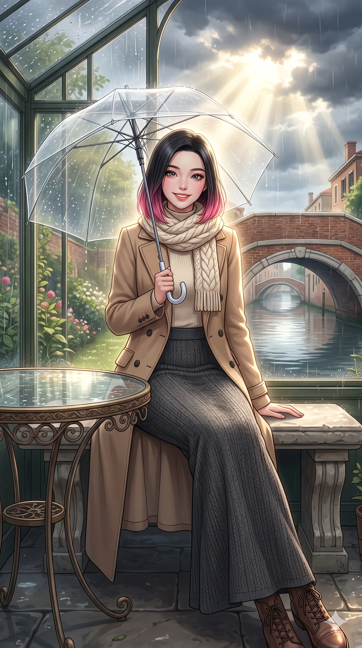 score_9, masterpiece, best quality, ultra-detailed, high-budget anime keyframe, vibrant anime aesthetic, Korean woman. low angle full-body shot from head to toe showing her feet, filling the entire 9:16 vertical frame with her statuesque presence, stretching her vertical silhouette. She is sitting by a glass greenhouse table, smiling warmly at the camera, her eyes shining with genuine joy with a gentle tilt of her head. standing on a vintage brick arch bridge over a quiet canal, under a clear umbrella during a soft drizzle (Code-P22-010). She has an absolutely perfect 8-heads proportion, an exceptionally tall and slender female figure with impossibly long slender legs and an ultra-slim waist. V-shaped jawline, high-bridge nose, intricate jewel-like eyes with depth, thick eyelashes, glossy lips with a natural sheen. wearing a classic double-breasted coat over a mock-neck top and a long knit skirt with a knitted scarf. She is bathed in brilliant midday sunbeams breaking through storm clouds, creating a glowing aura, creating a cinematic, high-budget anime lighting effect in the rainy afternoon. 2k, ultra detail, master piece, 9:16 ratio