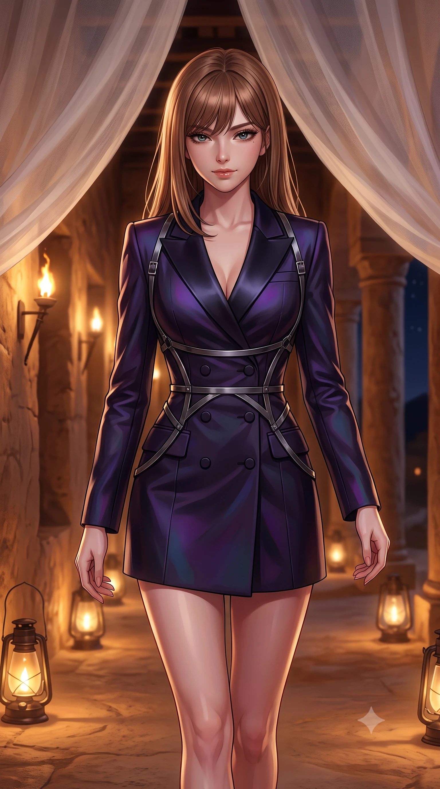 score_9, masterpiece, best quality, ultra-detailed, high-budget anime keyframe, editorial fashion photography, tasteful artistic composition, Korean woman. close-up cowboy shot from the waist and thighs up, the character dominates the composition, filling the frame with her large presence, background elements kept in soft focus. Glancing sidelong over her shoulder with a smoldering, enigmatic half-smile, walking across a warm sandstone floor illuminated by glowing oil lamps, sheer white linen canopy fluttering gently in the warm desert breeze. She has an exceptionally elegant, slender, and willowy female figure with an ultra-slim waist, a gracefully sculpted slender torso, and a refined silhouette. sharp v-shaped jawline, high-bridge nose, intricate jewel-like eyes with depth, thick eyelashes, glossy lips with a natural sheen. wearing tailored double-breasted obsidian blazer dress with silk lapels in pitch-black onyx, made of iridescent dark violet taffeta, highlighted by a gunmetal metallic harness structure, sculpting her athletic slender build with refined precision. lit by low-key flame light piercing through dark desert night air. highly saturated vibrant anime colors, detailed shading with soft gradients, rich glossy textures, high-contrast stereoscopic depth, volumetric dynamic lighting, master piece, 9:16 ratio