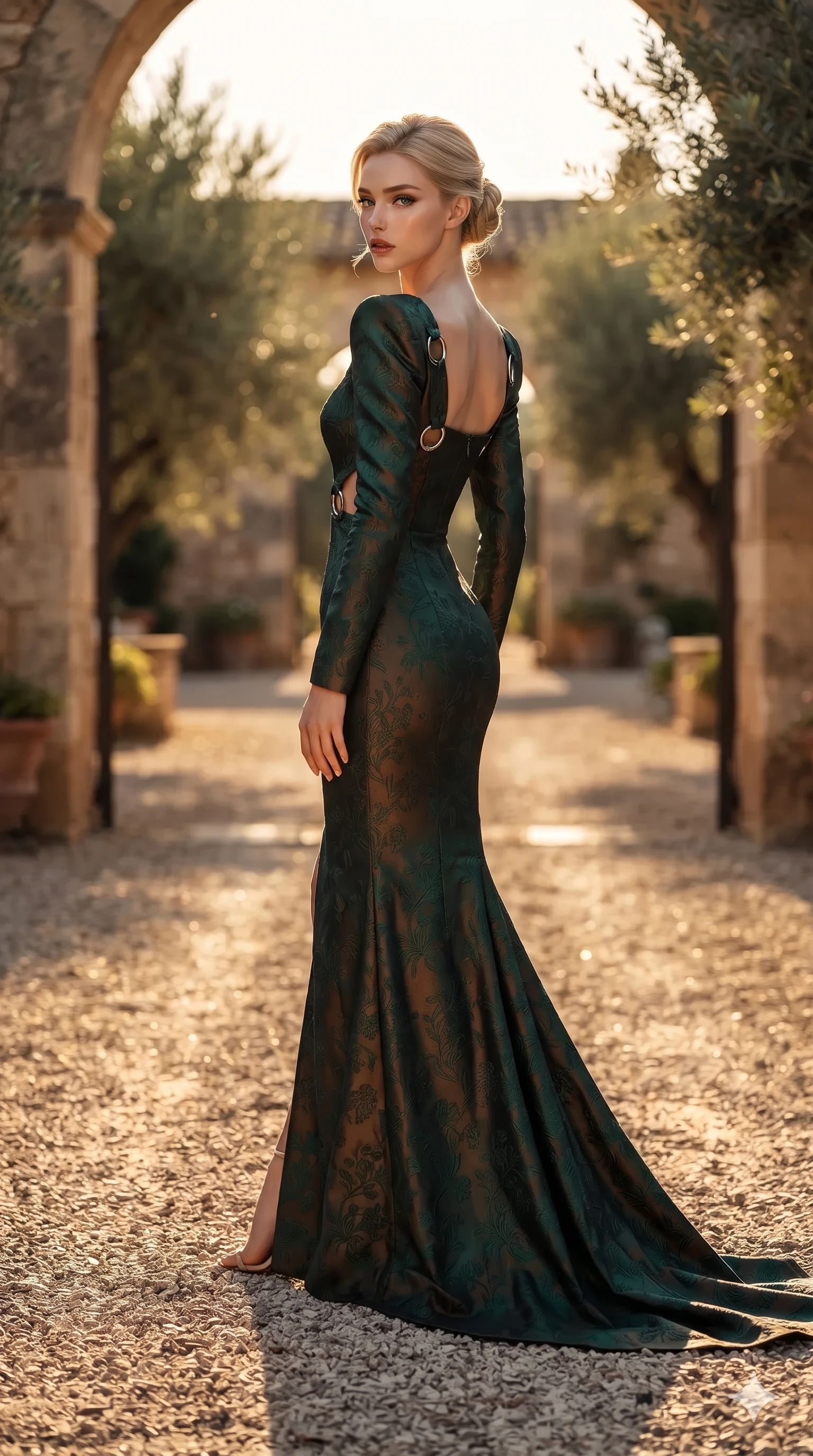 score_9, masterpiece, best quality, ultra-detailed, high-budget anime keyframe, editorial fashion photography, tasteful artistic composition, Korean woman. low angle full-body shot from head to toe showing her feet, filling the entire 9:16 vertical frame with her statuesque presence, stretching her vertical silhouette. walking along the terrace with poise, looking back over her bare shoulder with an irresistible smoldering bedroom-gaze while walking slowly down the sunlit gravel path with feline poise, hips swaying in an alluring sensual rhythm that accentuates her curvy silhouette. The background shows a soft-focus Mediterranean estate courtyard softened in golden-hour shallow focus. She has an absolutely perfect, statuesque 8.5-heads proportion, an exceptionally tall and slender model-like female figure with impossibly long slender legs, an ultra-slim waist, a flat toned midriff, narrow delicate ribcage, and beautifully sculpted feminine hips creating a graceful, slim hourglass silhouette without any bulky heaviness. sharp v-shaped jawline, high-bridge nose, sparkling eyes with hypnotic seductive depth, thick curled eyelashes, glossy parted lips with a natural dewy peach sheen, alluring bedroom-eyes with an enchanting coquettish smile, exuding magnetic siren charisma and sophisticated glamour, flawlessly proportioned anatomical accuracy, strict slender model proportions, natural body alignment, perfectly sculpted long slender limbs, ultra-slim waistline, clean dynamic posture without body distortion. wearing an elegant long-sleeve embroidered botanical silk column gown with structured shoulders in deep forest emerald and antique burnished bronze, tailored from rich silk jacquard with subtle embossed flora patterns, accented with sculptural chrome hardware rings framing the subtle cutouts, the bespoke structured tailoring following the natural line of her 8.5-heads silhouette with refined elegance. bathed in warm, blinding 2800K late-afternoon sun rays casting dramatic long shadows across the gravel courtyard. ultra-reflective glossy finish, specular highlights, rich textural contrasts, high-contrast stereoscopic depth, volumetric dynamic lighting, 2k, ultra detail, master piece, 9:16 ratio