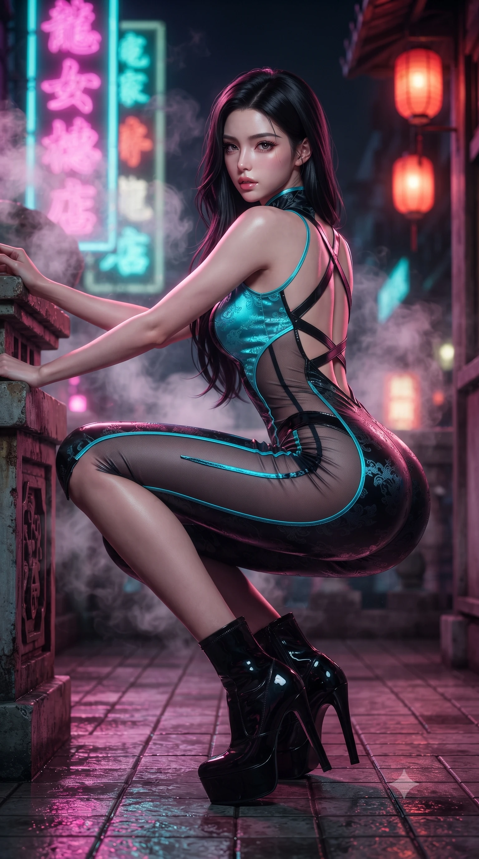 score_9, masterpiece, best quality, ultra-detailed, high-budget anime keyframe, editorial fashion photography, tasteful artistic composition, Korean woman. low angle full-body shot from head to toe showing her feet, filling the entire 9:16 vertical frame with her statuesque presence, stretching her vertical silhouette. leaning deep against the structural architecture with hips cocked in an unapologetically bold, seductive high-fashion stance while crouching low on the wet tiled rooftop terrace with back turned slightly to the lens, glancing back with smoldering bedroom-eyes and parted lips. The composition keeps background elements in soft focus with creamy bokeh. swirling tea steam vapors and glowing neon kanji signs blurred into electric magenta, turquoise, and lantern-scarlet bokeh. She has an absolutely perfect, statuesque 8.5-heads proportion, an exceptionally tall and slender model-like female figure with impossibly long slender legs, a toned flat midriff, an ultra-slim waist, and beautifully sculpted feminine hips. sharp v-shaped jawline, high-bridge nose, intricate jewel-like eyes with depth, thick eyelashes, glossy parted lips with a natural sheen, intensely captivating and seductive bedroom-eyes expression, flawlessly proportioned anatomical accuracy, strict slender model proportions, natural body alignment, perfectly sculpted long slender limbs, ultra-slim waistline, clean dynamic posture without body distortion. wearing a second-skin vinyl cheongsam catsuit with sheer mesh side panels tracing the full curve of her hip in neon electric cyan and lacquer black, tailored from smooth liquid silk satin with subtle dragon jacquard, finished with criss-cross back harness straps framing her bare spine, the form-contouring material adhering flawlessly to her sculpted flat midriff and slender torso, emphasizing her long leg lines and perfectly proportioned willowy build. bathed in vibrant magenta and electric cyan neon light contrasting with warm lantern scarlet downlights. ultra-reflective glossy finish, specular highlights, rich textural contrasts, high-contrast stereoscopic depth, volumetric dynamic lighting, 2k, ultra detail, master piece, 9:16 ratio