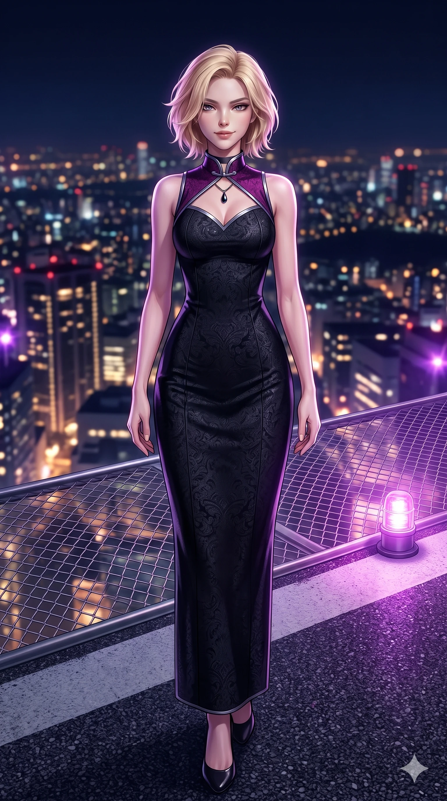 score_9, masterpiece, best quality, ultra-detailed, high-budget anime keyframe, semi-realistic 3D game render, editorial fashion photography, tasteful artistic composition, Caucasian woman. close-up cowboy shot from the waist and thighs up, the character dominates the composition, filling the frame with her large presence. smiling with quiet, magnetic self-assurance directly into the camera with heavy-lidded sparkling eyes while standing tall at the outer edge of the summit helipad, arching her lower back to emphasize her hourglass curves against the sprawling midnight metropolis. The surrounding environment is rendered in vivid detail and crisp panoramic clarity: sharp aeronautical tarmac aggregate, stainless steel perimeter safety net weave, and aviation beacon lens facets in deep focus. She has an exceptionally elegant, slender, and willowy female figure with an ultra-slim waist, flat toned midriff, narrow ribcage, and sculpted feminine hips creating an alluring, slim hourglass silhouette without bulk. sharp v-shaped jawline, high-bridge nose, intricate jewel-like dark sparkling eyes with hypnotic seductive depth, thick curled eyelashes, glossy parted lips with a natural wine sheen, alluring bedroom-eyes with an enigmatic smoldering smile, exuding magnetic sovereign charisma and dark avant-garde glamour, flawlessly proportioned anatomical accuracy, strict slender model proportions, natural body alignment, perfectly sculpted long slender limbs, ultra-slim waistline, clean dynamic posture without body distortion. wearing a structured obsidian brocade evening dress with high mandarin collar in royal amaranth purple and liquid platinum, woven from bespoke high-density barathea wool with refined ceremonial hold, finished with a minimalist dark choker and a single teardrop pendant, accentuating her gracefully sculpted slender torso and statuesque proportions. bathed in rhythmic pulsing violet strobe flashes contrasted with ambient city light glow. highly saturated vibrant anime colors, detailed shading with soft gradients, rich glossy textures, high-contrast stereoscopic depth, volumetric dynamic lighting, master piece, 9:16 ratio