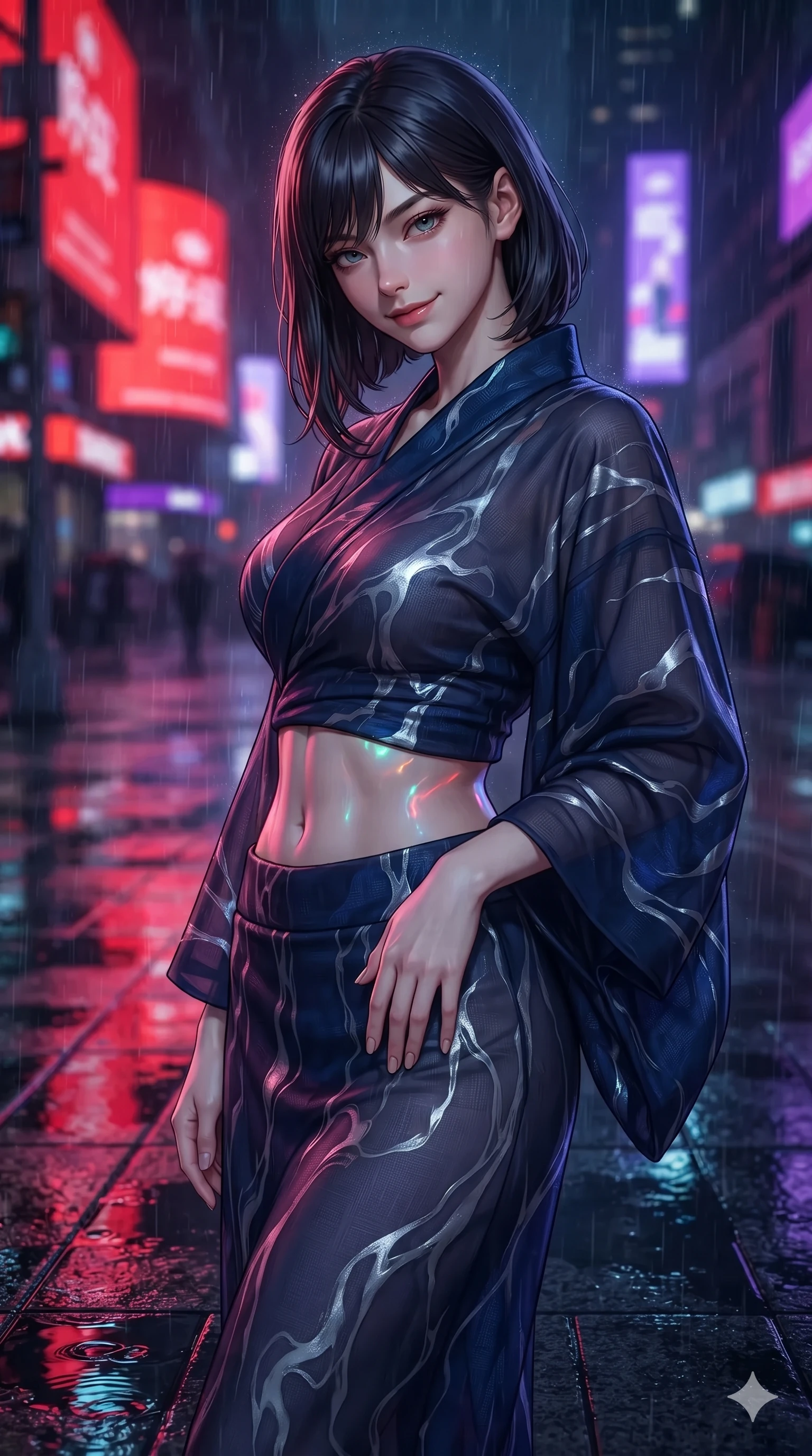 score_9, masterpiece, best quality, ultra-detailed, high-budget anime keyframe, editorial fashion photography, tasteful artistic composition, Korean woman. close-up cowboy shot from the waist and thighs up, the character dominates the composition, filling the frame with her large presence. tilting her head with a teasing half-smile, running one hand slowly down the side of her hip in a flirtatious S-curve as ambient light caresses her silhouette while twisting her slender torso in an alluring contrapposto, vibrant scarlet and violet billboard reflections tracing her flat midriff and hourglass curves. The surrounding environment is rendered in vivid detail and crisp panoramic clarity: sharp water puddle reflection ripples on black granite tiles, crisp raindrop speculars on stone, and neon tube glass details in deep focus. She has an exceptionally elegant, slender, and willowy female figure with an ultra-slim waist, flat toned midriff, narrow ribcage, and sculpted feminine hips creating an alluring, slim hourglass silhouette without bulk. sharp v-shaped jawline, high-bridge nose, intricate jewel-like sparkling eyes with depth, thick eyelashes, glossy parted lips with a natural sheen, intensely captivating and seductive bedroom-eyes expression, exuding both youthful cute charm and sovereign luxury allure, flawlessly proportioned anatomical accuracy, strict slender model proportions, natural body alignment, perfectly sculpted long slender limbs, ultra-slim waistline, clean dynamic posture without body distortion. wearing a delicate semi-translucent silk yukata that clings to her wet skin and curvy hip contours in midnight sapphire blue and liquid platinum, made of sheer gossamer chiffon that drapes softly against skin with airy translucence, featuring fine criss-cross lace-up side ties revealing tantalizing glimpses of her hip curve, the liquid-tight tailored fabric clinging flawlessly to her narrow waist and rounded feminine hips, emphasizing every millimeter of her sculpted slim hourglass curves without any bulky heaviness. illuminated by rain puddle bounce and sharp scarlet-violet rim lights sculpting her razor-sharp jawline, narrow waist, and curvy hips. ultra-reflective glossy finish, specular highlights, rich textural contrasts, high-contrast stereoscopic depth, volumetric dynamic lighting, 2k, ultra detail, master piece, 9:16 ratio