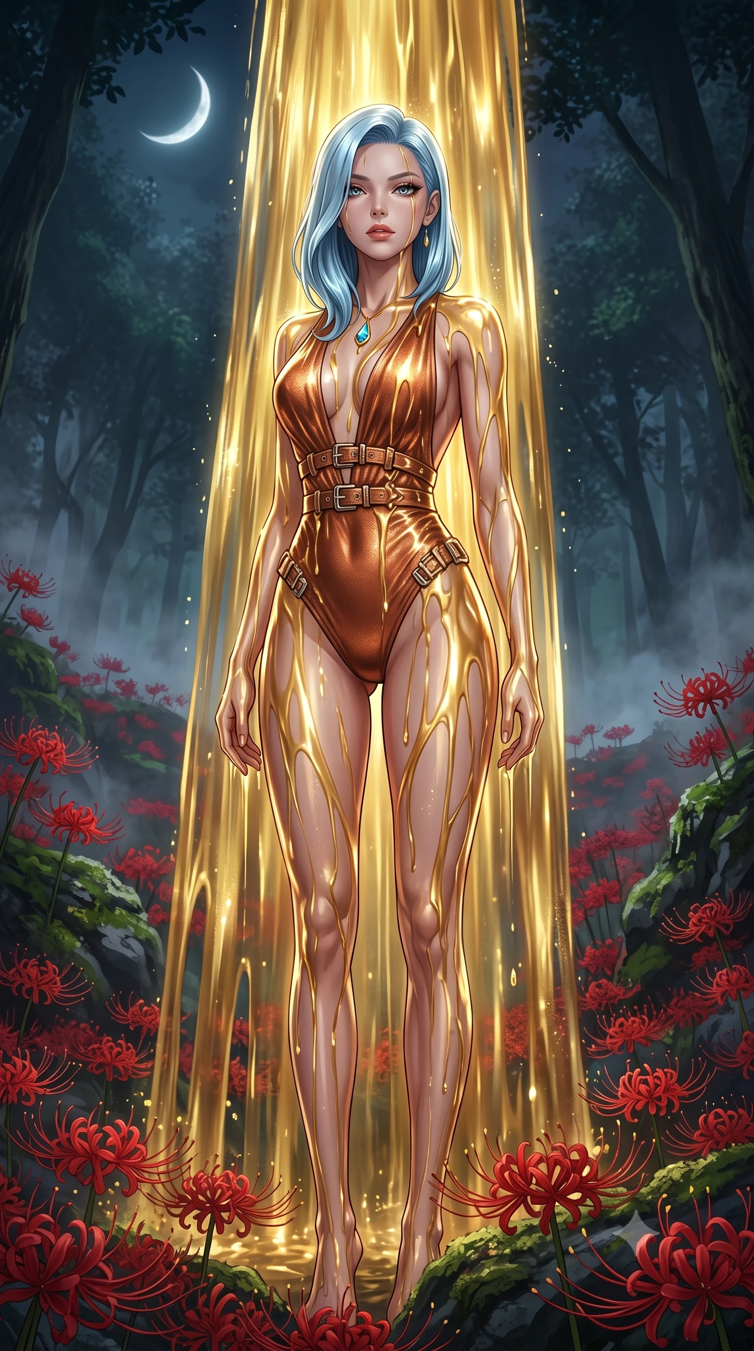 score_9, masterpiece, best quality, ultra-detailed, High-budget Anime Keyframe, East Asian woman. Low angle cowboy shot filling the entire 9:16 frame with her statuesque presence. Scenario 496: standing under a waterfall of liquid gold, the fluid coating her form, in a misty dark forest under a crescent moon with red spider lilies blooming. Her presence is magnetic and overpowering in this high-budget anime scene. Outfit 496: a slim-fit metallic copper shimmering chiffon bodysuit with a dramatic backless design and metallic buckles. The clothing is designed to emphasize her exceptionally tall and slender 8-heads proportion. 8-heads proportion, towering silhouette, ultra-slim waist. sharp v-shaped jawline, intricate jewel-like eyes with depth, thick eyelashes, glossy lips. 2k, ultra detail, master piece, 9:16 ratio