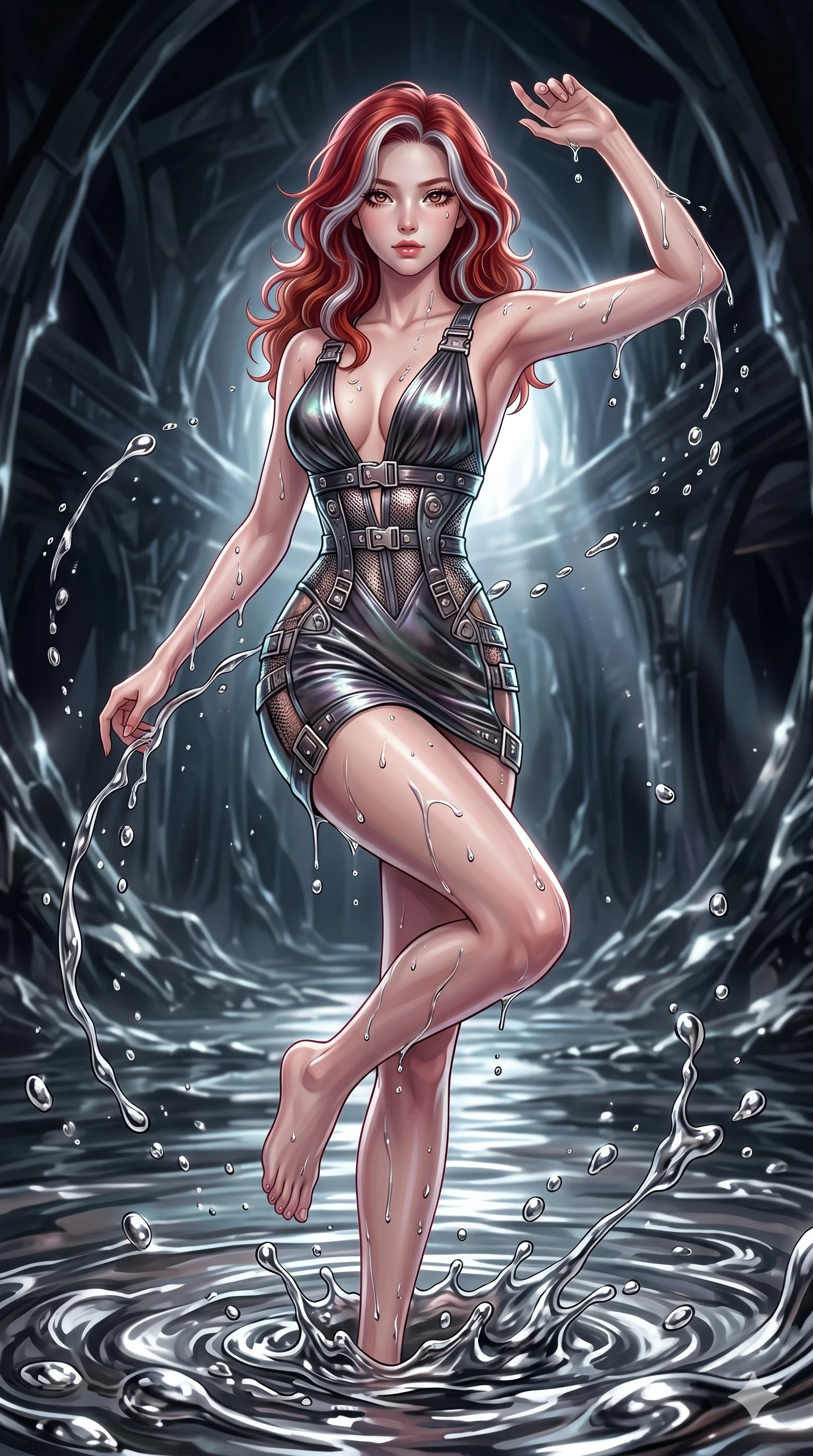 score_9, masterpiece, best quality, ultra-detailed, High-budget Anime Keyframe, East Asian woman. Dynamic full-body shot stretching the vertical silhouette to the limit. Scenario 64: Rising from a pool of mercury-like liquid, droplets rolling off her skin. Her presence is magnetic and overpowering in this high-budget anime scene. Outfit 64: A molten liquid silk micro-mesh with a plunging V-neckline and metallic buckles. The clothing is designed to emphasize her exceptionally tall and slender 8-heads proportion. 8-heads proportion, towering silhouette, ultra-slim waist. sharp v-shaped jawline, intricate jewel-like eyes with depth, thick eyelashes, glossy lips. 2k, ultra detail, master piece, 9:16 ratio