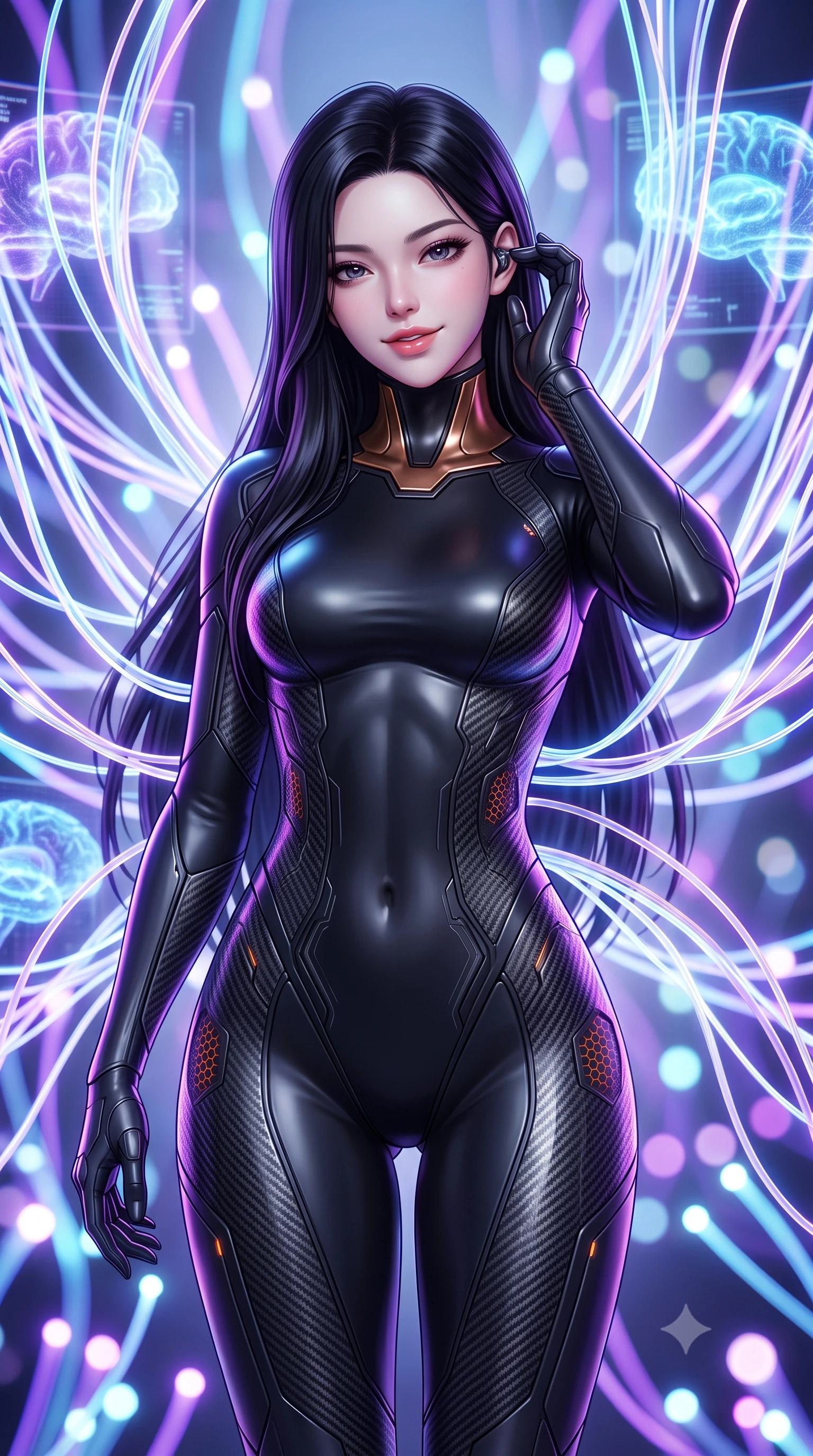 score_9, masterpiece, best quality, ultra-detailed, high-budget anime keyframe, semi-realistic 3D game render, editorial fashion photography, tasteful artistic composition, Korean woman. close-up cowboy shot from the waist and thighs up, the character dominates the composition, filling the frame with her large presence. tilting her head with a captivating smile while arching her spine with dancer poise, one hand adjusting her ear comm-link in a flirtatious S-curve while standing centered amidst floating fiber-optic neural cables that respond to her movement, arching her spine with ethereal, cybernetic majesty. The background shows a soft-focus thousands of glowing glass neural fibers and holographic brain scan projections blurred into electric violet, cyan, and clean white bokeh. She has an exceptionally elegant, slender, and willowy female figure with an ultra-slim waist, flat toned midriff, narrow ribcage, and sculpted feminine hips creating an alluring, slim hourglass silhouette without bulk. sharp v-shaped jawline, high-bridge nose, intricate jewel-like sparkling eyes with depth, thick eyelashes, glossy parted lips with a natural sheen, bright confident smile with an enchanting and coquettish sensual glint, exuding both youthful magnetic charm and sovereign high-tech allure, flawlessly proportioned anatomical accuracy, strict slender model proportions, natural body alignment, perfectly sculpted long slender limbs, ultra-slim waistline, clean dynamic posture without body distortion. wearing a form-contouring cybernetic combat suit in matte black latex and carbon fiber, tracing her willowy silhouette with a high neck in burnished bronze alloy and smoked glass black, crafted from lightweight aerodynamic matte carbon-fiber weave with structural stiffness, accented with subtle hexagonal heat-sink vents glowing with dim orange thermal heat, the aerodynamic second-skin silhouette tightly following the natural contour of her hips and long slender legs with youthful 8.5-heads elegance. bathed in soft diffuse white laboratory light and vibrant violet neural fiber glows. highly saturated vibrant anime colors, detailed shading with soft gradients, rich glossy textures, high-contrast stereoscopic depth, volumetric dynamic lighting, master piece, 9:16 ratio