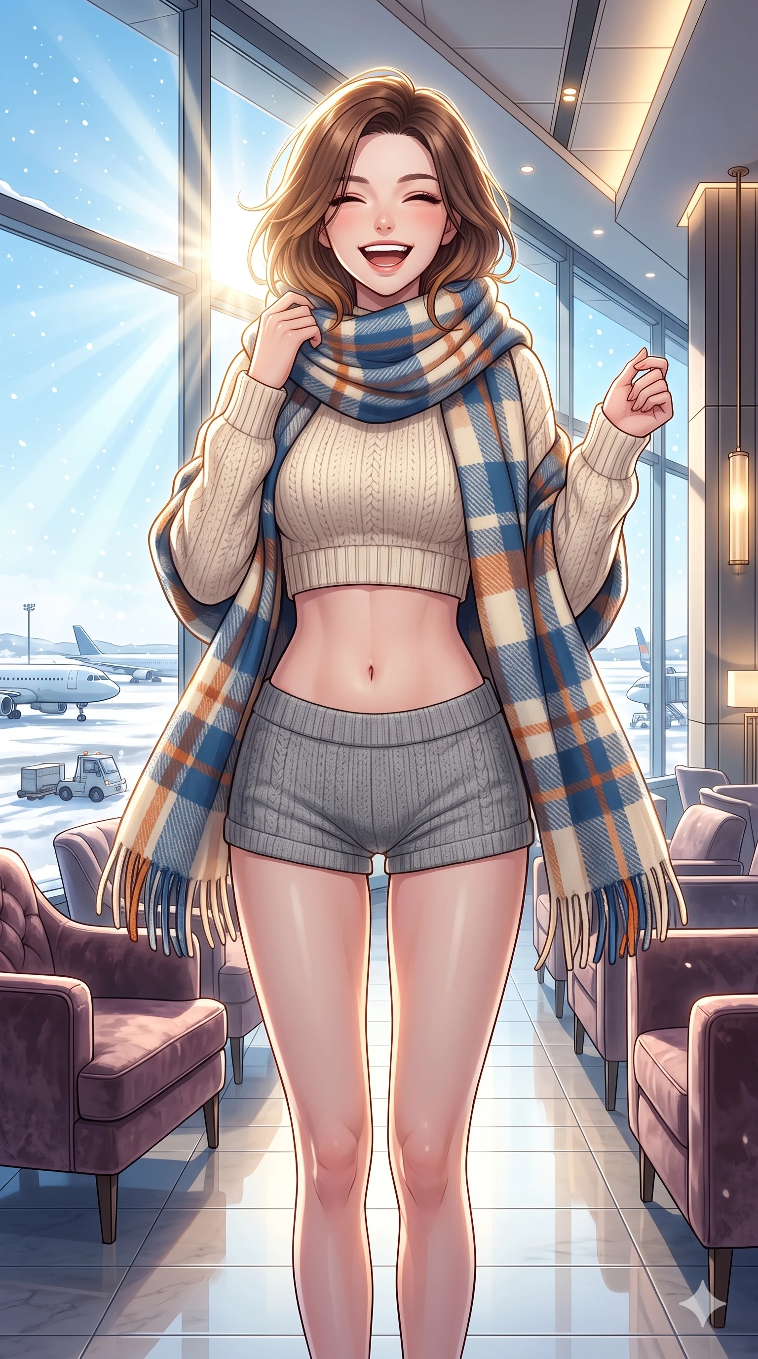 score_9, masterpiece, best quality, ultra-detailed, high-budget anime keyframe, vibrant anime aesthetic, Korean woman. cowboy shot from the thighs up, character and outfit filling the frame for maximum presence. She is posing with a cheerful laugh while holding a warm woolen scarf in winter inside a premium airport lounge with snowy runway views (Code-P21-089). She has an absolutely perfect 8-heads proportion, an exceptionally tall and slender female figure with impossibly long slender legs and an ultra-slim waist. V-shaped jawline, high-bridge nose, intricate jewel-like eyes with depth, thick eyelashes, glossy lips with a natural sheen. wearing a crop top showing her bare midriff and micro-shorts in winter knit wool. She is drenched in brilliant midday winter sunbeams, casting a radiant halo around her hair. 2k, ultra detail, master piece, 9:16 ratio