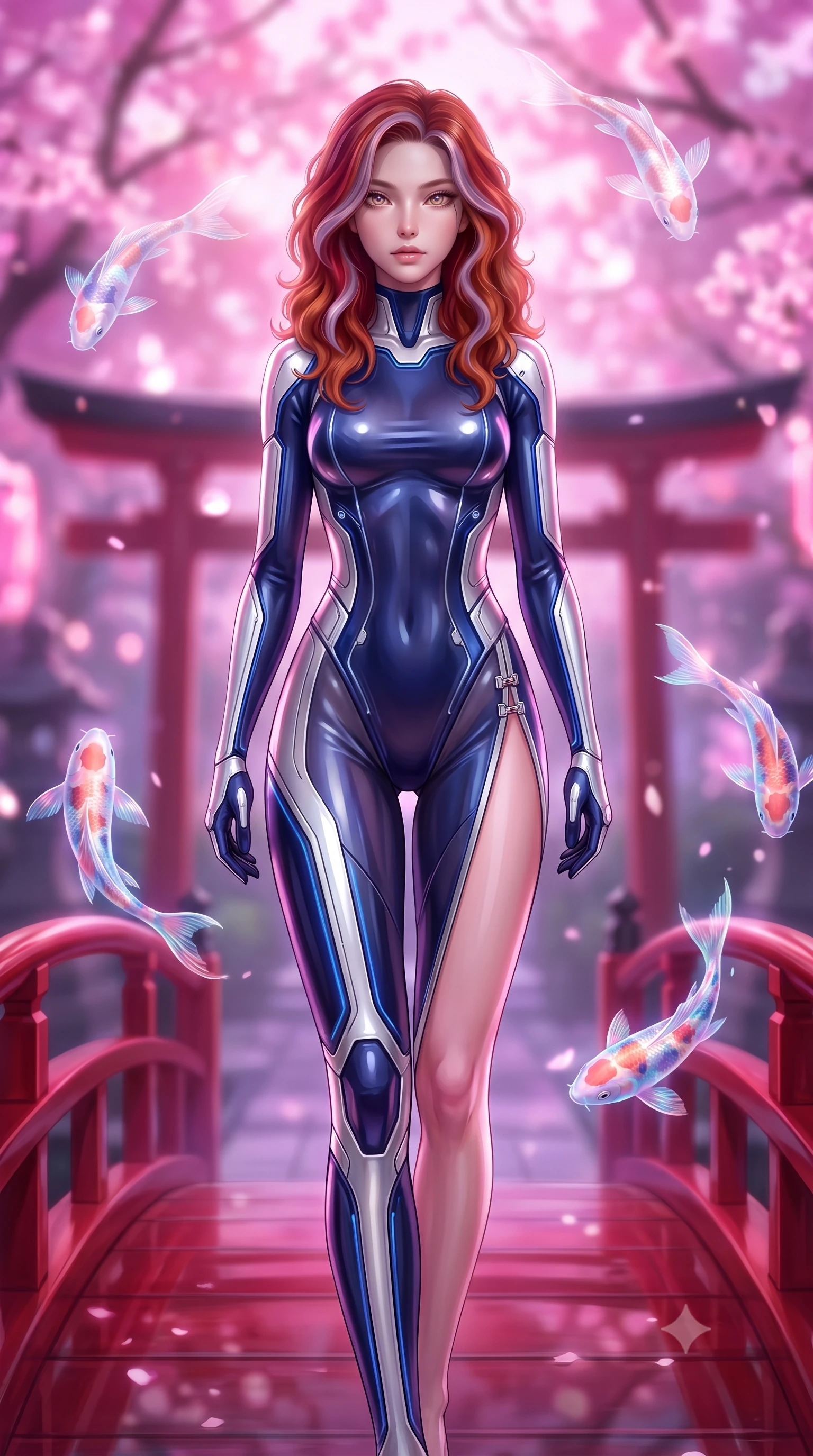 score_9, masterpiece, best quality, ultra-detailed, high-budget anime keyframe, semi-realistic 3D game render, editorial fashion photography, tasteful artistic composition, Caucasian woman. close-up cowboy shot from the waist and thighs up, the character dominates the composition, filling the frame with her large presence. gazing forward with divine sovereign poise, captivating jewel-like eyes shining with transcendent luminescence and alluring grace while stepping along a curved crimson glass bridge as holographic koi swim through the air around her slender silhouette. The composition keeps background elements in soft focus with creamy bokeh. traditional futuristic lacquered arches and neon bridges softened by shallow cinematic depth of field. She has an exceptionally elegant, slender, and willowy female figure with an ultra-slim waist, a gracefully sculpted slender torso, toned flat midriff, and a refined slim silhouette. sharp v-shaped jawline, high-bridge nose, intricate jewel-like eyes with depth, thick eyelashes, glossy lips with a natural sheen, flawlessly proportioned anatomical accuracy, strict slender model proportions, natural body alignment, perfectly sculpted long slender limbs, ultra-slim waistline, clean dynamic posture without body distortion. wearing a statuesque midnight cobalt and polished platinum bodysuit featuring sleek aerodynamic contour lines and glowing circuit accents in liquid platinum silver and deep sapphire blue LED filaments, tailored from semi-translucent cybernetic vinyl with glowing micro-filaments, finished with an ultra-high side slit secured by miniature magnetic clasps, the glove-like aerodynamic second-skin fit tightly clinging to her ultra-slender waist and athletic curves without adding bulk, accentuating her razor-sharp statuesque lines and slim hourglass silhouette. bathed in luminous magenta and rose-pink digital sakura backlighting with soft violet fill. rich saturated anime colors with glowing neon highlights, detailed shading with soft gradients, rich glossy textures, high-contrast stereoscopic depth, volumetric dynamic lighting, master piece, 9:16 ratio