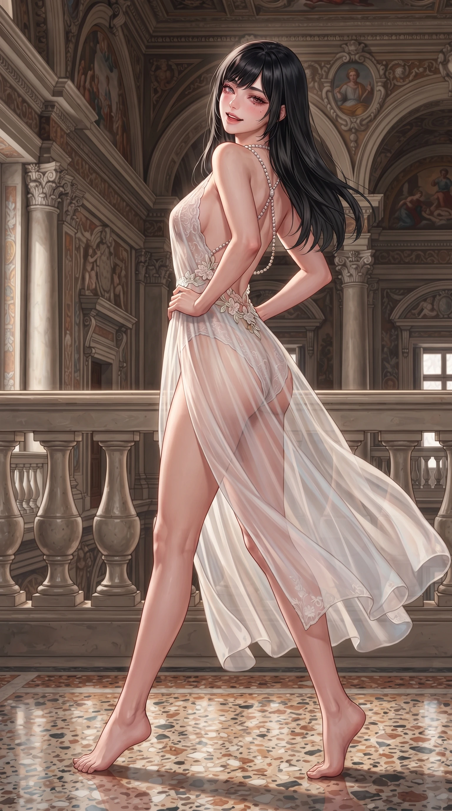 score_9, masterpiece, best quality, ultra-detailed, high-budget anime keyframe, editorial fashion photography, tasteful artistic composition, Caucasian woman. close-up cowboy shot from the waist and thighs up, the character dominates the composition, filling the frame with her large presence. leaning back against the balustrade with relaxed seductive grace, head tilted back slightly while casting a hypnotic, heavy-lidded gaze while striding across the mirror-finished Venetian terrazzo floor with tall model strides, one hand on her cinched hip as her sheer gown sways. The surrounding environment is rendered in vivid detail and crisp panoramic clarity: detailed backless sheer lace leotard texture, delicate floral embroidery, and Renaissance palazzo architecture in high resolution. She has an exceptionally elegant, slender, and willowy female figure with an ultra-slim waist, flat toned midriff, narrow ribcage, and sculpted feminine hips creating an alluring, slim hourglass silhouette without bulk. sharp v-shaped jawline, high-bridge nose, intricate jewel-like sparkling eyes with depth, thick eyelashes, glossy parted lips with a natural peach sheen, bright cheerful beaming smile with an enchanting and coquettish sensual glint, exuding both youthful cute charm and seductive allure, flawlessly proportioned anatomical accuracy, strict slender model proportions, natural body alignment, perfectly sculpted long slender limbs, ultra-slim waistline, clean dynamic posture without body distortion. wearing a backless stretch lace botanical leotard with high-cut leg openings and delicate floral embroidery framing her spine in pure translucent crystal white and iridescent pearl, made of sheer gossamer chiffon that drapes softly against skin with airy translucence, accented with a pearl-drop body harness subtly framing her dewy collarbones and spine, the liquid-tight tailored fabric clinging flawlessly to her narrow waist and rounded feminine hips, emphasizing every millimeter of her sculpted slim hourglass curves without any bulky heaviness. illuminated by polished terrazzo floor bounce and sharp rose-gold rim lights defining her dewy collarbones, ultra-slim waist, and curvy hips. ultra-reflective glossy finish, specular highlights, rich textural contrasts, high-contrast stereoscopic depth, volumetric dynamic lighting, 2k, ultra detail, master piece, 9:16 ratio