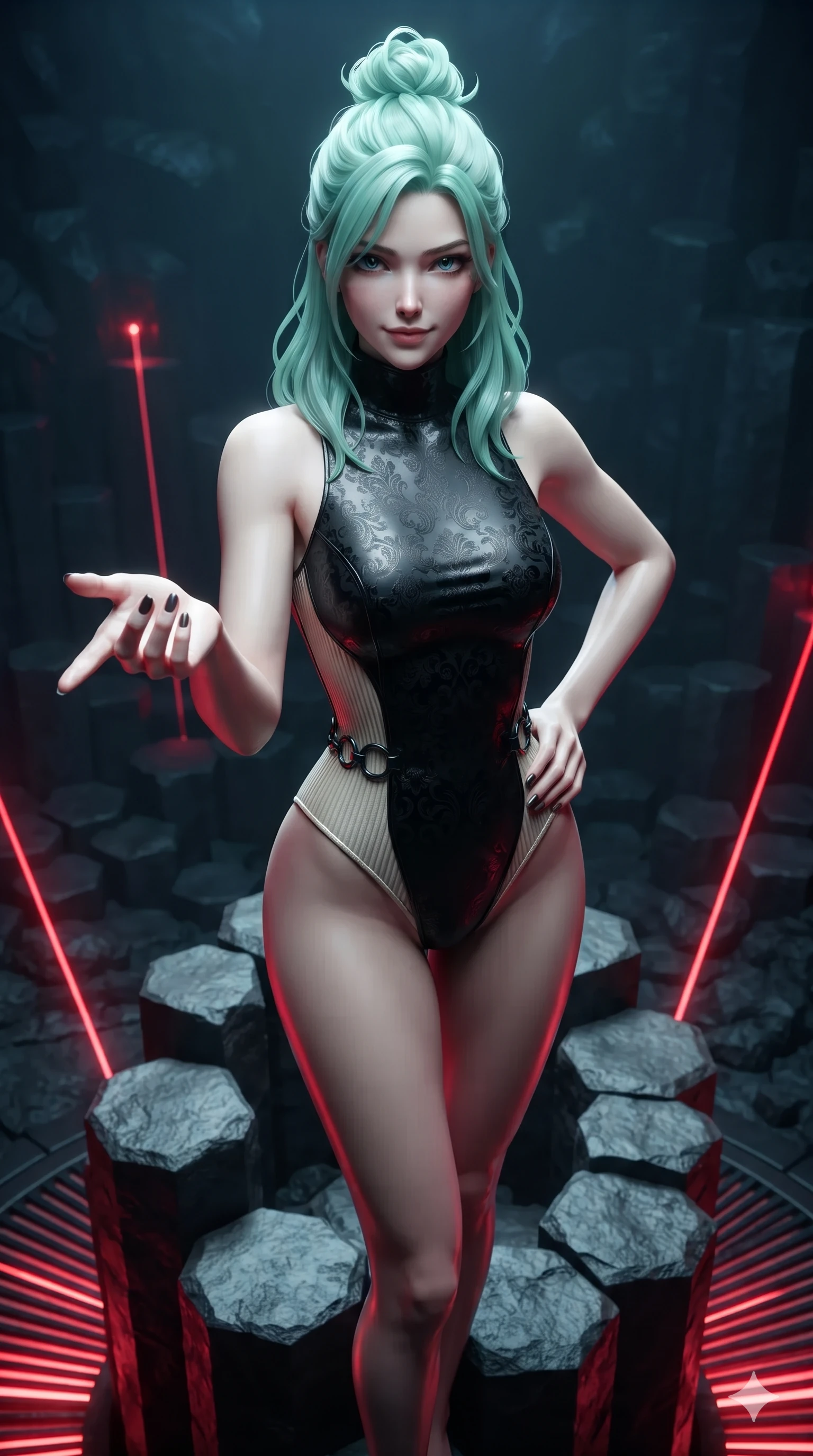 score_9, masterpiece, best quality, ultra-detailed, high-budget anime keyframe, editorial fashion photography, tasteful artistic composition, Japanese woman. close-up cowboy shot from the waist and thighs up, the character dominates the composition, filling the frame with her large presence. reaching one hand toward the viewer with relaxed dark elegance, her sculpted waistline catching specular highlights while standing tall atop a stepped basalt hexagonal column, one hand on her hip as she looks into the lens with smoldering, dangerous intensity. The surrounding environment is rendered in vivid detail and crisp panoramic clarity: sharp hexagonal column joint seams, natural volcanic rock micro-textures, and glowing floor grille lines in deep focus. She has an exceptionally elegant, slender, and willowy female figure with an ultra-slim waist, flat toned midriff, narrow ribcage, and sculpted feminine hips creating an alluring, slim hourglass silhouette without bulk. sharp v-shaped jawline, high-bridge nose, intricate jewel-like dark sparkling eyes with hypnotic seductive depth, thick curled eyelashes, glossy parted lips with a natural wine sheen, alluring bedroom-eyes with an enigmatic smoldering smile, exuding magnetic sovereign charisma and dark avant-garde glamour, flawlessly proportioned anatomical accuracy, strict slender model proportions, natural body alignment, perfectly sculpted long slender limbs, ultra-slim waistline, clean dynamic posture without body distortion. wearing a sleek high-neck ribbed activewear bodysuit in matte black in celestial champagne ivory and high-gloss jet black, tailored from rich silk jacquard with subtle embossed baroque patterns, trimmed with dark chrome ring hardware along the waist contours, contouring every curve with an exceptionally elegant silhouette and captivating allure. bathed in sharp crimson laser floor uplights cutting through cold cavern shadows. ultra-reflective glossy finish, specular highlights, metallic sheen, high-contrast stereoscopic depth, volumetric dynamic lighting, 2k, ultra detail, master piece, 9:16 ratio