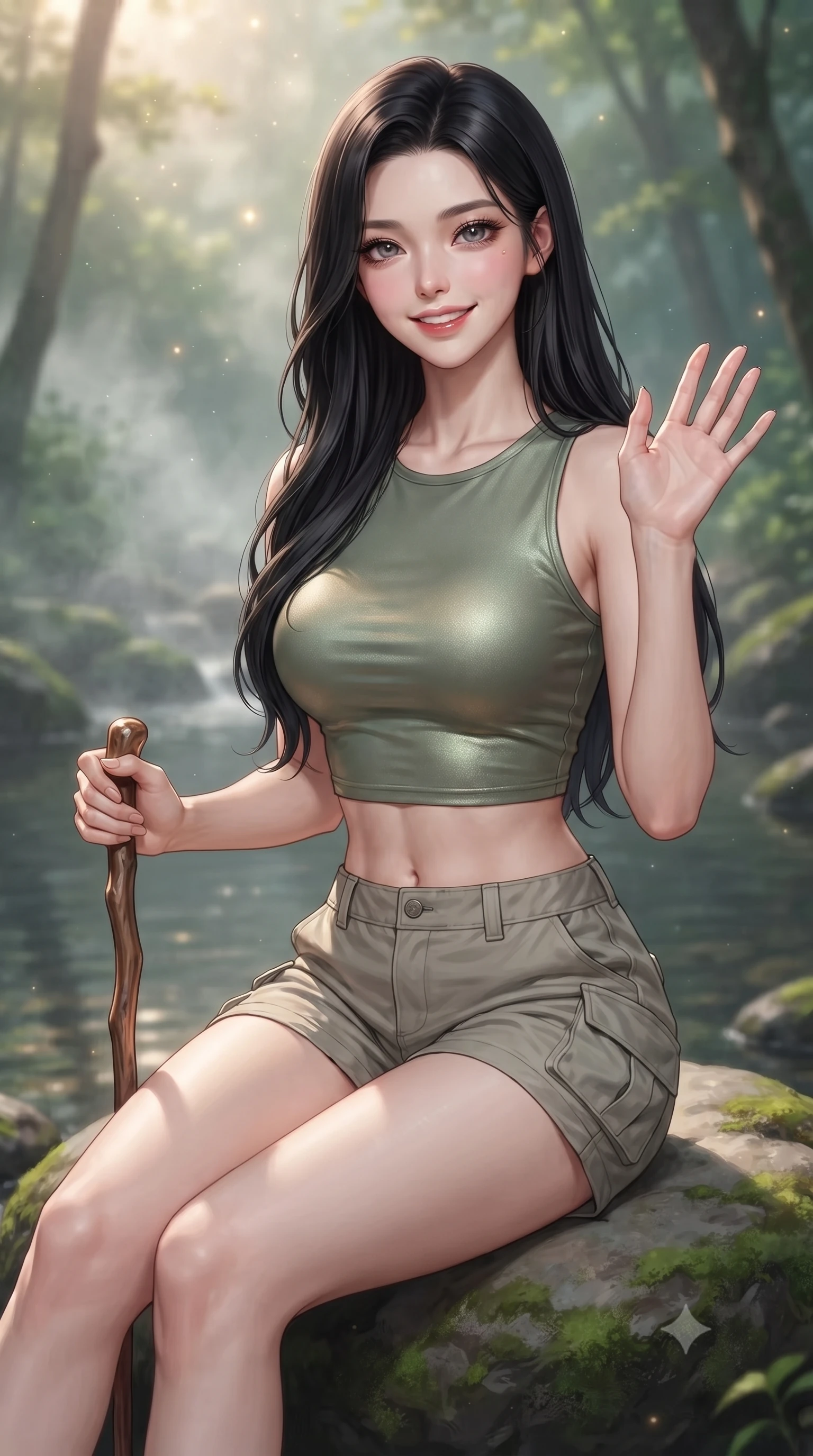 score_9, masterpiece, best quality, ultra-detailed, high-budget anime keyframe, editorial fashion photography, tasteful artistic composition, Korean woman. close-up cowboy shot from the waist and thighs up, the character dominates the composition, filling the frame with her large presence, background elements kept in soft focus. flashing a sweet, beaming smile while waving one hand gently toward the camera set against a soft-focus background of on a smooth stone next to a quiet forest creek pool surrounded by mossy rocks holding a small wooden walking stick with a bright, active smile. She has an exceptionally elegant, slender, and willowy female figure with an ultra-slim waist, a gracefully sculpted slender torso, and a refined silhouette. sharp v-shaped jawline, high-bridge nose, intricate jewel-like eyes with depth, thick eyelashes, glossy lips with a natural sheen. wearing slim-fit stylish crop top in sage green, paired with lightweight cargo shorts. soft morning mist rising from the stream, diffusing the warm starlight. ultra-reflective glossy finish, specular highlights, metallic sheen, high-contrast stereoscopic depth, volumetric dynamic lighting, 2k, ultra detail, master piece, 9:16 ratio