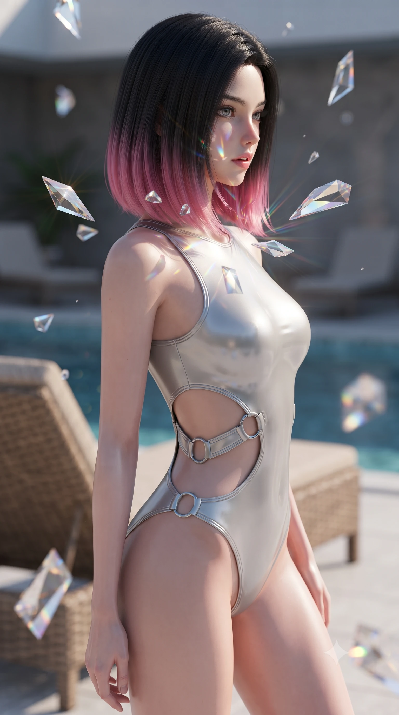 score_9, masterpiece, best quality, ultra-detailed, high-budget anime keyframe, editorial fashion photography, tasteful artistic composition, Korean woman. close-up cowboy shot from the waist and thighs up, the character dominates the composition, filling the frame with her large presence, background elements kept in soft focus. turning her face in profile to look over her shoulder, casting a smoldering side gaze with lips slightly parted, the background shows a soft-focus a virtual pool deck with floating glass prism fragments and rattan chairs. She has an exceptionally elegant, slender, and willowy female figure with an ultra-slim waist, a gracefully sculpted slender torso, and a refined silhouette. sharp v-shaped jawline, high-bridge nose, intricate jewel-like eyes with depth, thick eyelashes, glossy lips with a natural sheen. wearing a form-contouring light carbon-plate combat bodysuit featuring dramatic geometric open-waist cutouts framed by chrome ring hardware. floating glass fragments reflecting light rays onto her elegant collarbone. ultra-reflective glossy finish, specular highlights, metallic sheen, high-contrast stereoscopic depth, volumetric dynamic lighting, 2k, ultra detail, master piece, 9:16 ratio