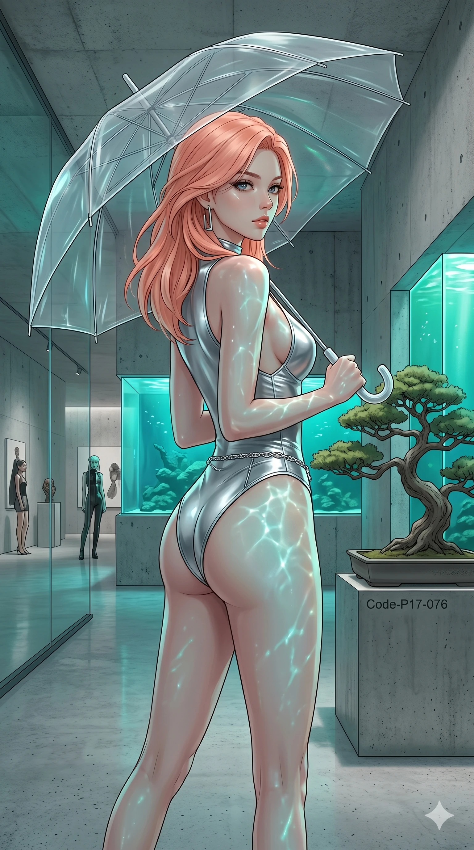 score_9, masterpiece, best quality, ultra-detailed, high-budget anime keyframe, editorial fashion photography, tasteful artistic composition, Japanese woman. cowboy shot from the thighs up, character and outfit filling the frame for maximum editorial presence. holding a transparent umbrella, looking over her shoulder inside a minimalist concrete gallery with a bonsai tree (Code-P17-076). She has an absolutely perfect 8-heads proportion, an exceptionally tall and slender female figure with impossibly long slender legs and an ultra-slim waist. V-shaped jawline, high-bridge nose, intricate jewel-like eyes with depth, thick eyelashes, glossy lips with a natural sheen. wearing a metallic silver bodysuit with high-cut lines and a plunging neckline. cyan and emerald light from the aquarium tanks casting glittering patterns on her skin. 2k, ultra detail, master piece, 9:16 ratio