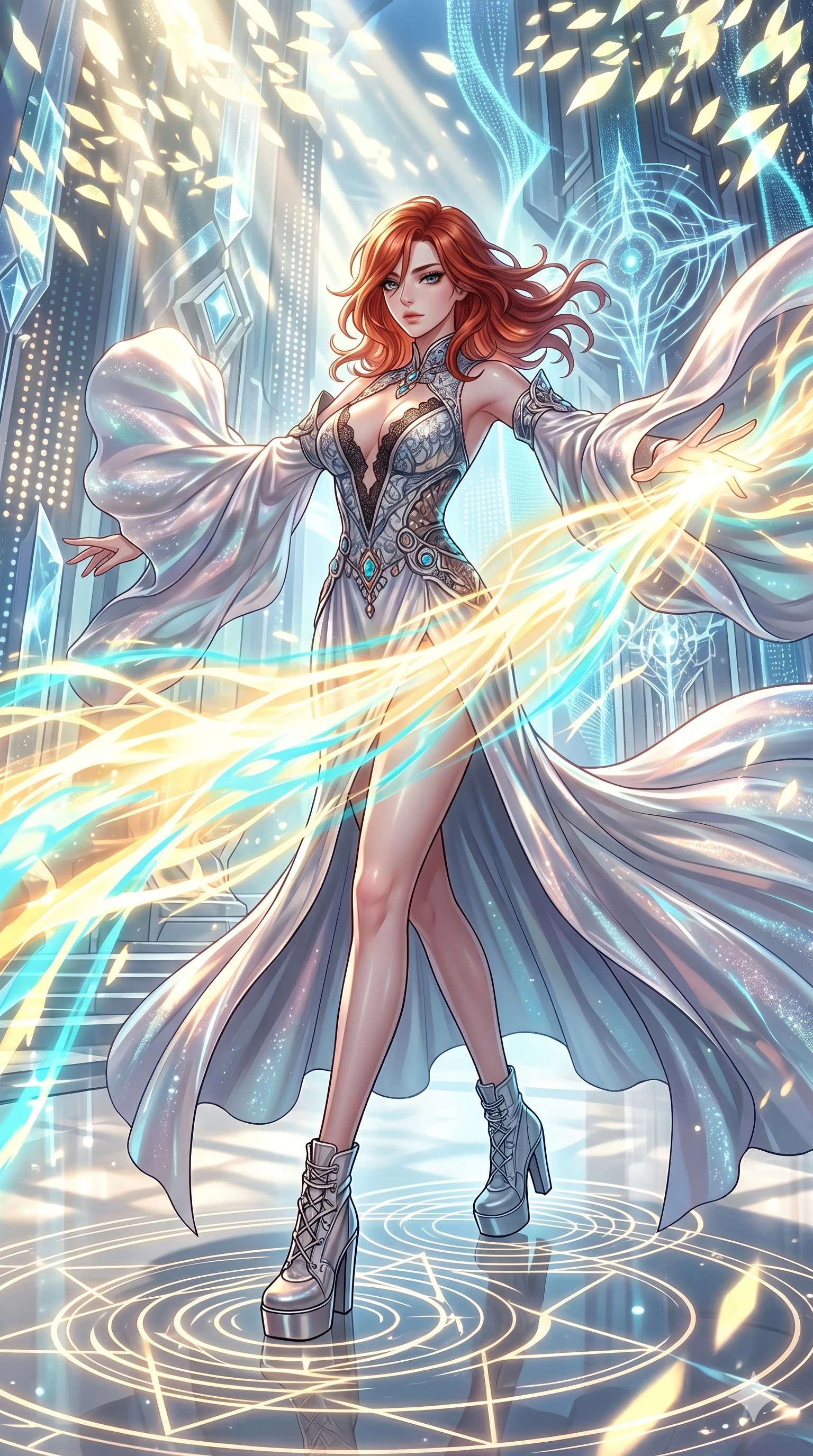 score_9, masterpiece, best quality, ultra-detailed, Set A: High-budget Anime Keyframe, Korean woman. Low angle cowboy shot filling the entire 9:16 frame with her statuesque presence. Theme: Ethereal Dream. unleashing a massive energy wave in a temple made of solid light, as she steps on ripples of time that distort the space 291. The atmosphere is filled with cinematic sunlight through leaves. She has an absolutely perfect 8-heads proportion, an exceptionally tall and slender female figure with impossibly long slender legs and an ultra-slim waist. Sharp v-shaped jawline, high-bridge nose, intricate jewel-like eyes with depth, glossy lips. Wearing Futuristic court-lady gown with massive sleeves and a deep-cut lace bodice. Cinematic lighting, vivid colors, dramatic shadows, 2k, ultra detail, master piece, 9:16 ratio