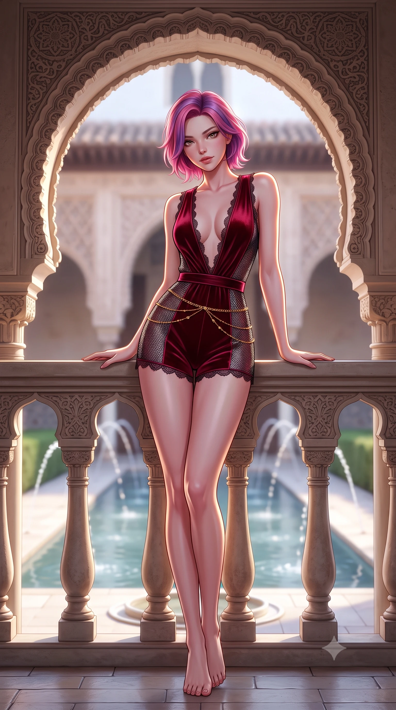 score_9, masterpiece, best quality, ultra-detailed, high-budget anime keyframe, semi-realistic 3D game render, editorial fashion photography, tasteful artistic composition, Caucasian woman. low angle full-body shot from head to toe showing her feet, filling the entire 9:16 vertical frame with her statuesque presence, stretching her vertical silhouette. leaning deep against the balcony balustrade with hips cocked back in an unapologetically alluring high-fashion stance, casting an intoxicating glance while standing framed under the monumental carved stucco horseshoe arch, arching her back with regal siren allure above the reflecting fountain pool. The background shows a soft-focus bubbling fountain water spouts softened in royal Moorish palace shallow focus. She has an absolutely perfect, statuesque 8.5-heads proportion, an exceptionally tall and slender model-like female figure with impossibly long slender legs, an ultra-slim waist, a flat toned midriff, narrow delicate ribcage, and beautifully sculpted feminine hips creating a graceful, slim hourglass silhouette without any bulky heaviness. sharp v-shaped jawline, high-bridge nose, sparkling eyes with hypnotic seductive depth, thick curled eyelashes, glossy parted lips with a natural dewy peach sheen, alluring bedroom-eyes with an enchanting coquettish smile, exuding magnetic siren charisma and sophisticated glamour, flawlessly proportioned anatomical accuracy, strict slender model proportions, natural body alignment, perfectly sculpted long slender limbs, ultra-slim waistline, clean dynamic posture without body distortion. wearing a plunge-neck stretch velvet romper with scalloped eyelash-lace hems and a cinched waist ribbon in rich cherry lacquer and smoky charcoal, crafted from shimmering fluid chainmail mesh reflecting ambient lights, accented with a dainty gold belly chain resting across her flat midriff and curving hips, the form-contouring silhouette accentuating her sculpted flat midriff, narrow delicate ribcage, and gracefully curvy hips with intoxicating allure. illuminated by water reflection bounce and sharp copper-gold rim lights sculpting her jawline, narrow waist, and voluptuous hip curves. highly saturated vibrant anime colors, detailed shading with soft gradients, rich glossy textures, high-contrast stereoscopic depth, volumetric dynamic lighting, master piece, 9:16 ratio