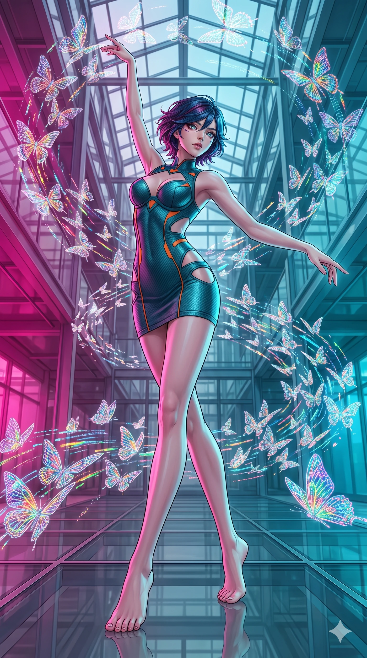 score_9, masterpiece, best quality, ultra-detailed, high-budget anime keyframe, editorial fashion photography, tasteful artistic composition, Korean woman. low angle full-body shot from head to toe showing her feet, filling the entire 9:16 vertical frame with her statuesque presence, stretching her vertical silhouette. dancing with weightless grace through a soaring glass conservatory filled with thousands of holographic butterflies made of pure structured light their wings projecting miniature rainbow patterns as they flutter in organized swarms. She has a statuesque 8.5-heads proportion, an exceptionally tall, slender and willowy model-like build with impossibly long legs and a highly sculpted ultra-slim waist. sharp v-shaped jawline, high-bridge nose, intricate jewel-like eyes with depth, thick eyelashes, glossy lips with a natural sheen. wearing a carbon fiber textured combat mini dress in matte teal, featuring bright orange accents, strategic hip cutouts, and sculpted cups. dual-tone lighting with hot magenta from the left and cool cyan from the right. 2k, ultra detail, master piece, 9:16 ratio