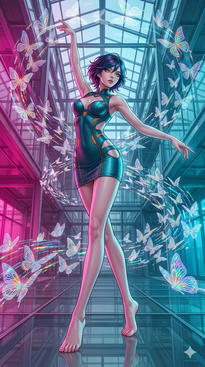 score_9, masterpiece, best quality, ultra-detailed, high-budget anime keyframe, editorial fashion photography, tasteful artistic composition, Korean woman. low angle full-body shot from head to toe showing her feet, filling the entire 9:16 vertical f