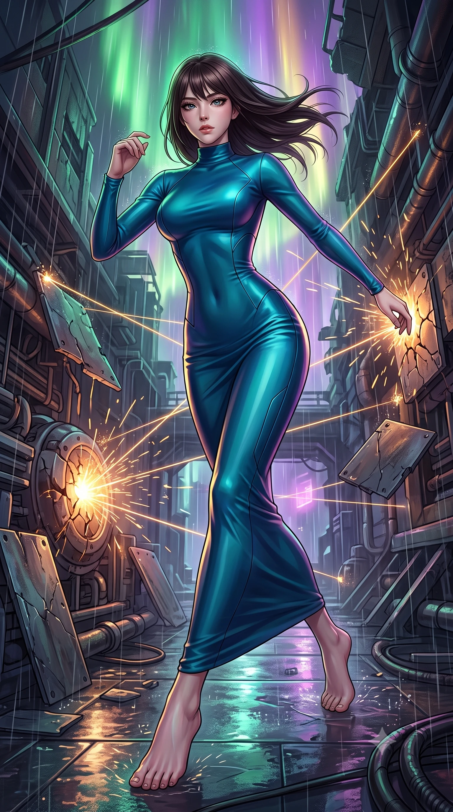 score_9, masterpiece, best quality, ultra-detailed, high-budget anime keyframe, editorial fashion photography, tasteful artistic composition, Korean woman. low angle full-body shot from head to toe showing her feet, filling the entire 9:16 vertical frame with her statuesque presence, stretching her vertical silhouette. dashing through rain-slicked cyberpunk alleyways, dodging laser tripwires with fluid agility through the ruined engine room of a wrecked cruiser, sparks arcing from the cracked reactor core and metal plates hanging loose. She has a statuesque 8.5-heads proportion, an exceptionally tall, slender and willowy model-like build with impossibly long legs and a highly sculpted ultra-slim waist. sharp v-shaped jawline, high-bridge nose, intricate jewel-like eyes with depth, thick eyelashes, glossy lips with a natural sheen. wearing tailored for maximum mobility, sleek form-contouring panels that allow fluid movement, a body-hugging figure-hugging mock-turtleneck gown in a shifting peacock-blue silk fabric, hugging her slender figure from neck to ankle. highly saturated vibrant anime colors, intense vivid color palette, soft 3D volumetric shading, volumetric dynamic lighting, illuminated by a shifting aurora palette of green violet and gold from above. 2k, ultra detail, master piece, 9:16 ratio
