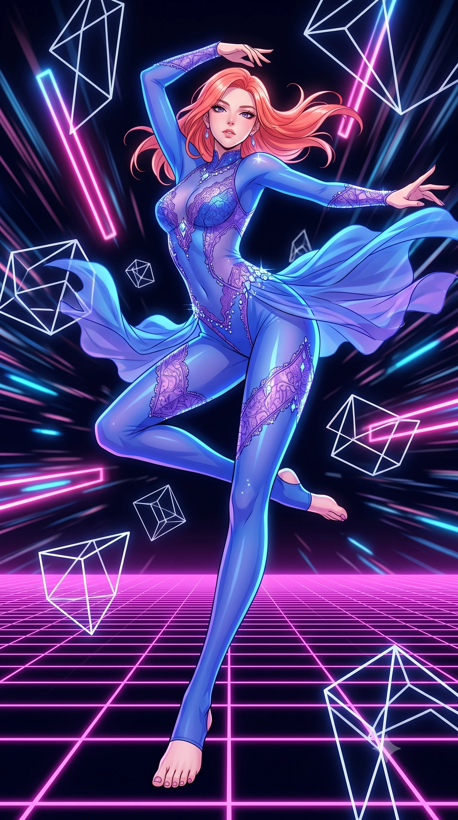 score_9, masterpiece, best quality, ultra-detailed, high-budget anime keyframe, clean line-art, cel-shading, Japanese woman. low angle full-body shot from head to toe showing her feet, filling the entire 9:16 vertical frame with her statuesque presence, stretching her vertical silhouette. weaving gracefully through a barrage of glowing obstacles in a blur of motion inside an endless dark void where a single neon-pink digital grid stretches to the horizon, white wireframe structures floating. She has a statuesque 8.5-heads proportion, an exceptionally tall, slender and willowy model-like build with impossibly long legs and a highly sculpted ultra-slim waist. sharp v-shaped jawline, high-bridge nose, intricate jewel-like eyes with depth, thick eyelashes, glossy lips with a natural sheen. wearing the lightweight fabric rippling and billowing dramatically with her movement, a body-hugging full-body sheer catsuit in electric blue, featuring violet lace panels and shimmering crystal embellishments. soft glowing ambient light with sharp side key light tracing the sleek contours of her figure. highly saturated vibrant anime colors, intense vivid color palette, volumetric dynamic lighting, 2k, ultra detail, master piece, 9:16 ratio