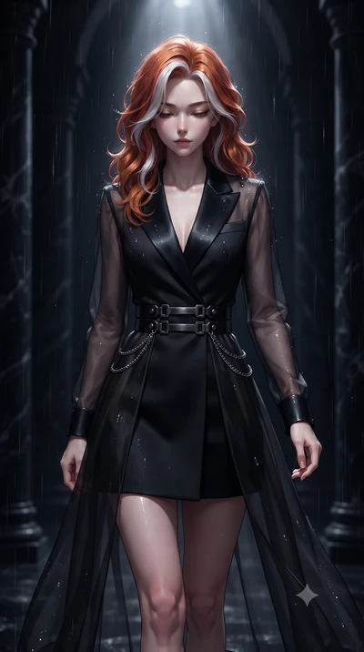 score_9, masterpiece, best quality, ultra-detailed, high-budget anime keyframe, editorial fashion photography, tasteful artistic composition, Caucasian woman. close-up cowboy shot from the waist and thighs up, the character dominates the composition,
