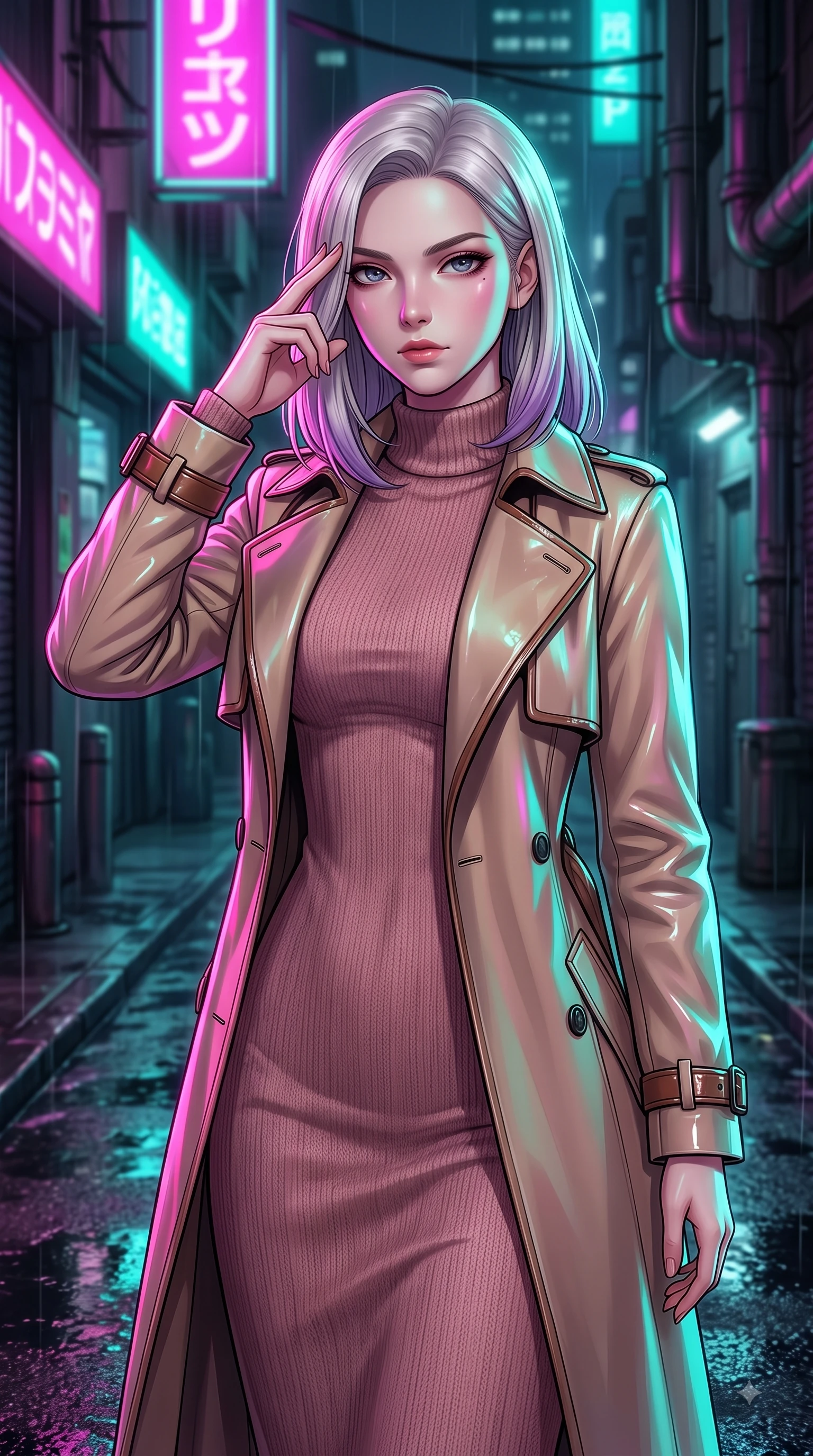 score_9, masterpiece, best quality, ultra-detailed, high-budget anime keyframe, editorial fashion photography, tasteful artistic composition, Caucasian woman woman. close-up cowboy shot from the waist and thighs up, the character dominates the composition, filling the frame with her large presence, background elements kept in soft focus. She has an exceptionally elegant, slender, and willowy female figure with an ultra-slim waist, a gracefully sculpted slender torso, and a refined silhouette. pressing two fingers to her temple in a composed gesture, gazing past the camera with sharp focus, flawlessly proportioned anatomical accuracy, natural body alignment, perfectly sculpted elegant limbs, clean dynamic posture without body distortion. set against a soft-focus background of a cyberpunk alley with wet asphalt reflecting rain. wearing a classic tailored trench coat over a high-neck dusty rose knit midi dress. drenched in wet neon reflections of magenta and turquoise casting glossy specular highlights. highly saturated vibrant anime colors, detailed shading with soft gradients, rich glossy textures, high-contrast stereoscopic depth, volumetric dynamic lighting, master piece, 9:16 ratio
