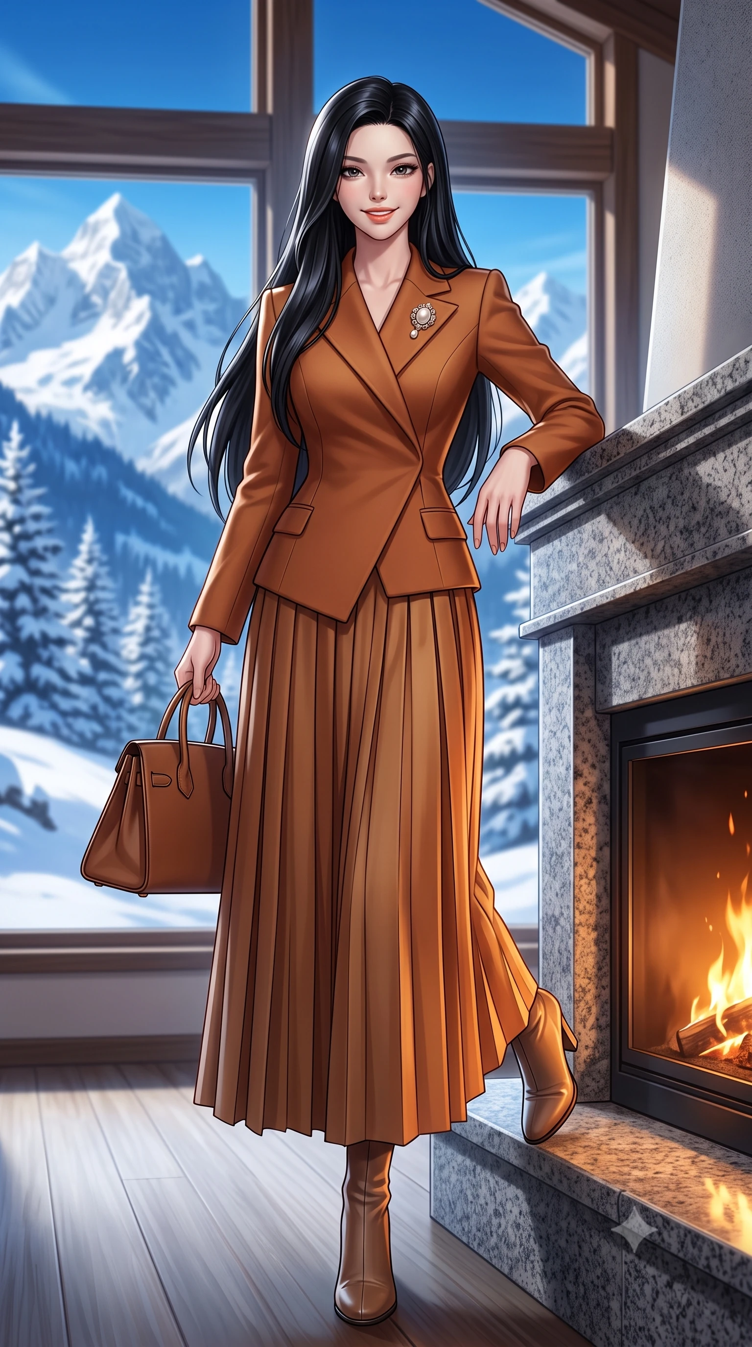 score_9, masterpiece, best quality, ultra-detailed, high-budget anime keyframe, semi-realistic 3D game render, editorial fashion photography, tasteful artistic composition, Korean woman. low angle full-body shot from head to toe showing her feet, filling the entire 9:16 vertical frame with her statuesque presence, stretching her vertical silhouette. walking briskly with tall supermodel strides, one hand holding her leather bag and the other swinging with energetic charm while leaning with effortless supermodel poise against the granite fireplace mantel, one boot resting lightly on the hearth ledge. The background shows a soft-focus towering jagged snow-covered Swiss Alps, deep blue alpine sky, and frosted fir forests outside blurred into cobalt, stark white, and cedar bokeh. She has an exceptionally tall and slender model-like 8.5-heads proportion, an ultra-slim waist, a flat toned midriff, narrow delicate ribcage, and beautifully sculpted feminine hips creating a graceful, slim hourglass silhouette without any bulky heaviness, with impossibly long slender legs. sharp v-shaped jawline, high-bridge nose, intricate jewel-like sparkling eyes with depth, thick eyelashes, glossy parted lips with a natural peach sheen, bright cheerful beaming smile with an enchanting and coquettish sensual glint, exuding both youthful cute charm and seductive allure, flawlessly proportioned anatomical accuracy, strict slender model proportions, natural body alignment, perfectly sculpted long slender limbs, ultra-slim waistline, clean dynamic posture without body distortion. wearing an asymmetrical-wrap tailored wool jacket with clean geometric lines paired with a structured pleated maxi skirt in warm winter cinnamon and toasted caramel, tailored from heavyweight double-faced wool with clean architectural edges, complemented by an antique baroque pearl brooch pinned tastefully on the lapel, the sharp shoulder tailoring and gently nipped waist framing her slender torso with pristine sartorial perfection. bathed in the dramatic high-altitude Swiss mountain sunlight streaming through panoramic windows mixed with golden hearth firelight. highly saturated vibrant anime colors, detailed shading with soft gradients, rich glossy textures, high-contrast stereoscopic depth, volumetric dynamic lighting, master piece, 9:16 ratio