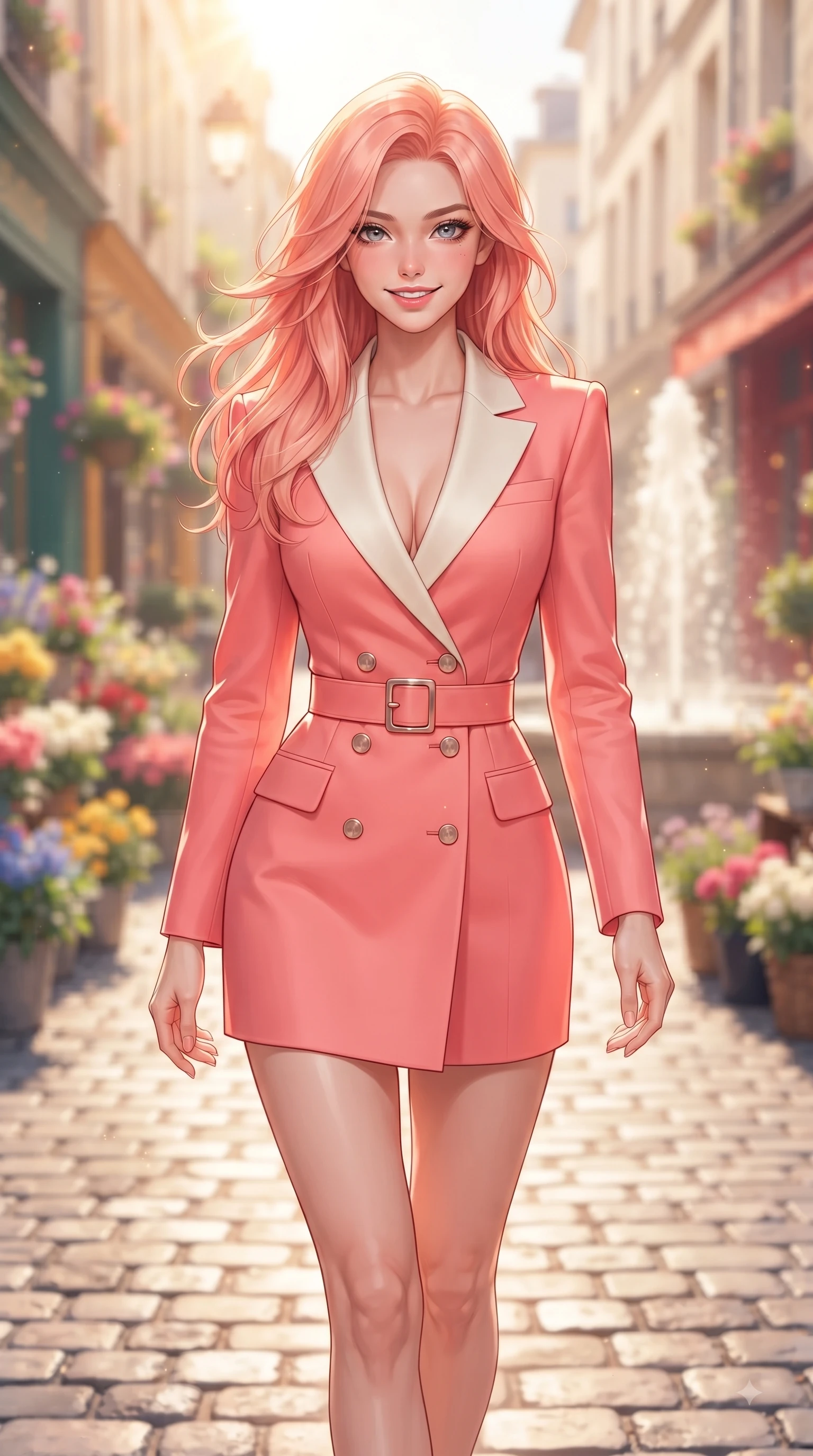 score_9, masterpiece, best quality, ultra-detailed, high-budget anime keyframe, editorial fashion photography, tasteful artistic composition, Japanese woman. close-up cowboy shot from the waist and thighs up, the character dominates the composition, filling the frame with her large presence. Gazing directly into the camera with a fresh, infectious smile as her torso curves dynamically in mid-stride while walking dynamically down a sun-drenched European cobblestone alley lined with flower shops. The composition keeps background elements in soft focus with dreamy bokeh. sunlit fountain water sprays and cobblestones softened in dreamy shallow focus. She has an exceptionally elegant, slender, and willowy female figure with an ultra-slim waist, a gracefully sculpted slender torso, and a refined silhouette. sharp v-shaped jawline, high-bridge nose, intricate jewel-like eyes with depth, thick eyelashes, glossy lips with a natural sheen, flawlessly proportioned anatomical accuracy, natural body alignment, perfectly sculpted elegant limbs, clean dynamic posture without body distortion. wearing a tailored double-breasted blazer dress with a sleek waist belt and clean lines in vibrant coral pink and pure ivory, tailored from fine wool crepe with clean lines, accented with a Tasteful chest slit framing her clavicle gracefully, the tailored fabric tightly following every curve of her athletic build. bathed in bright sunny morning light and warm golden sunbursts. ultra-reflective glossy finish, specular highlights, metallic sheen, high-contrast stereoscopic depth, volumetric dynamic lighting, 2k, ultra detail, master piece, 9:16 ratio