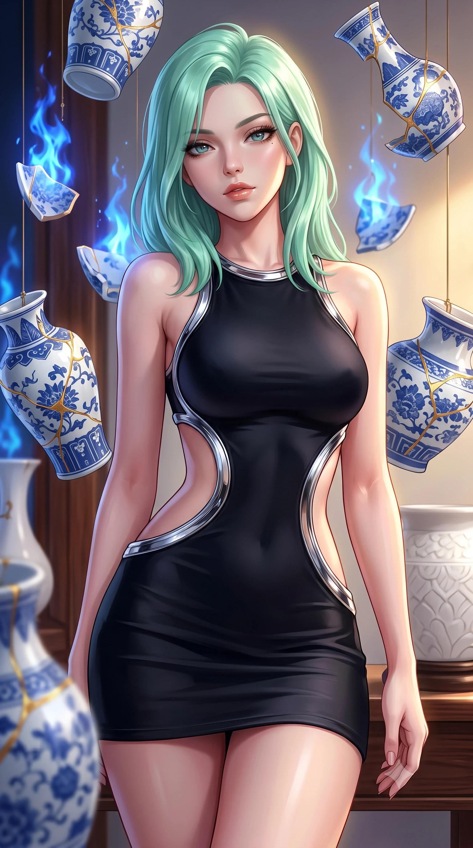 score_9, masterpiece, best quality, ultra-detailed, high-budget anime keyframe, editorial fashion photography, tasteful artistic composition, Japanese woman. close-up cowboy shot from the waist and thighs up, the character dominates the composition, filling the frame with her large presence, background elements kept in soft focus. Leaning slightly forward with a composed, seductive gaze under soft glowing light poised amidst suspended blue-and-white porcelain vase fragments with gold seams, polished dark wood and white ceramic textures contrasting elegantly. She has an exceptionally elegant, slender, and willowy female figure with an ultra-slim waist, a gracefully sculpted slender torso, and a refined silhouette. sharp v-shaped jawline, high-bridge nose, intricate jewel-like eyes with depth, thick eyelashes, glossy lips with a natural sheen. wearing a dramatic open-waist cutout mini dress in matte black framed by sculptural chrome hardware, the sleek second-skin texture accentuating her magnetic presence. illuminated by a dramatic contrast of sapphire alchemy flames and warm golden glow. highly saturated vibrant anime colors, detailed shading with soft gradients, rich glossy textures, high-contrast stereoscopic depth, volumetric dynamic lighting, master piece, 9:16 ratio