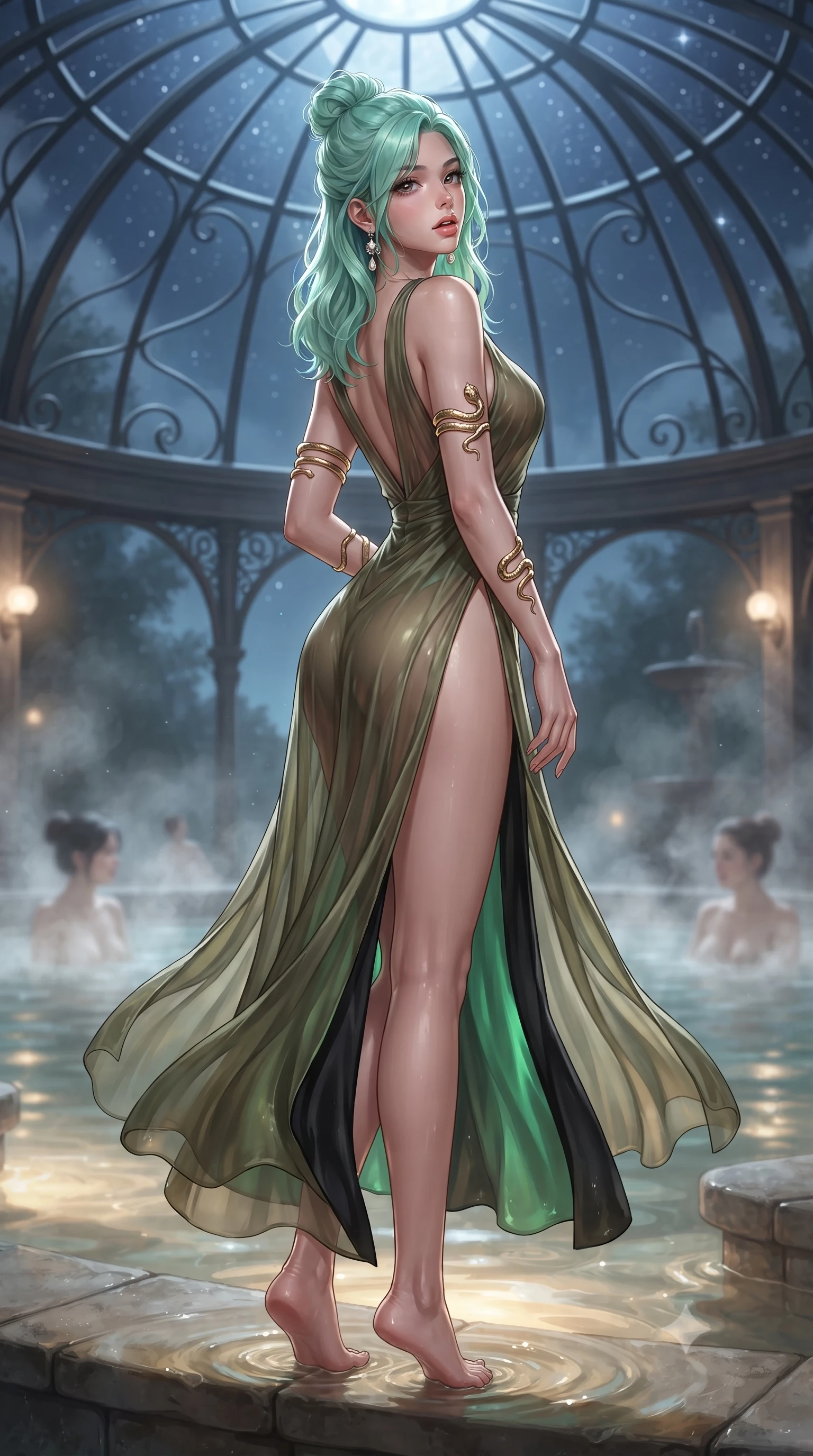 score_9, masterpiece, best quality, ultra-detailed, high-budget anime keyframe, editorial fashion photography, tasteful artistic composition, Japanese woman. low angle full-body shot from head to toe showing her feet, filling the entire 9:16 vertical frame with her statuesque presence, stretching her vertical silhouette. posing with back turned slightly to the lens, glancing back with smoldering allure as she arches her lower back to emphasize her sculpted feminine hips and slender waist while resting on a submerged stone bench as warm water laps at her waist, head tilted back toward the starry glass dome with parted lips. The composition keeps background elements in soft focus with creamy bokeh. steaming pool water vapors and curved Victorian iron ribs softened in dreamy shallow focus. She has an absolutely perfect, statuesque 8.5-heads proportion, an exceptionally tall and slender model-like female figure with impossibly long slender legs, a toned flat midriff, an ultra-slim waist, and beautifully sculpted feminine hips. sharp v-shaped jawline, high-bridge nose, intricate jewel-like eyes with depth, thick eyelashes, glossy parted lips with a natural sheen, intensely captivating and seductive bedroom-eyes expression, flawlessly proportioned anatomical accuracy, strict slender model proportions, natural body alignment, perfectly sculpted long slender limbs, ultra-slim waistline, clean dynamic posture without body distortion. wearing a liquid metallic olive gown with open side slits ascending to the high hip in wet asphalt black and glowing jade green, woven from sheer cascading chiffon that ripples like water with every step, complemented by sculpted gold serpent armlets and pearl drop earrings, the second-skin form-contouring cut accentuating her sculpted flat midriff, narrow waistline, and dramatically curvy hips without adding bulk. bathed in cool silver moonlight filtering through the glass dome and warm underwater pool uplights. ultra-reflective glossy finish, specular highlights, rich textural contrasts, high-contrast stereoscopic depth, volumetric dynamic lighting, 2k, ultra detail, master piece, 9:16 ratio