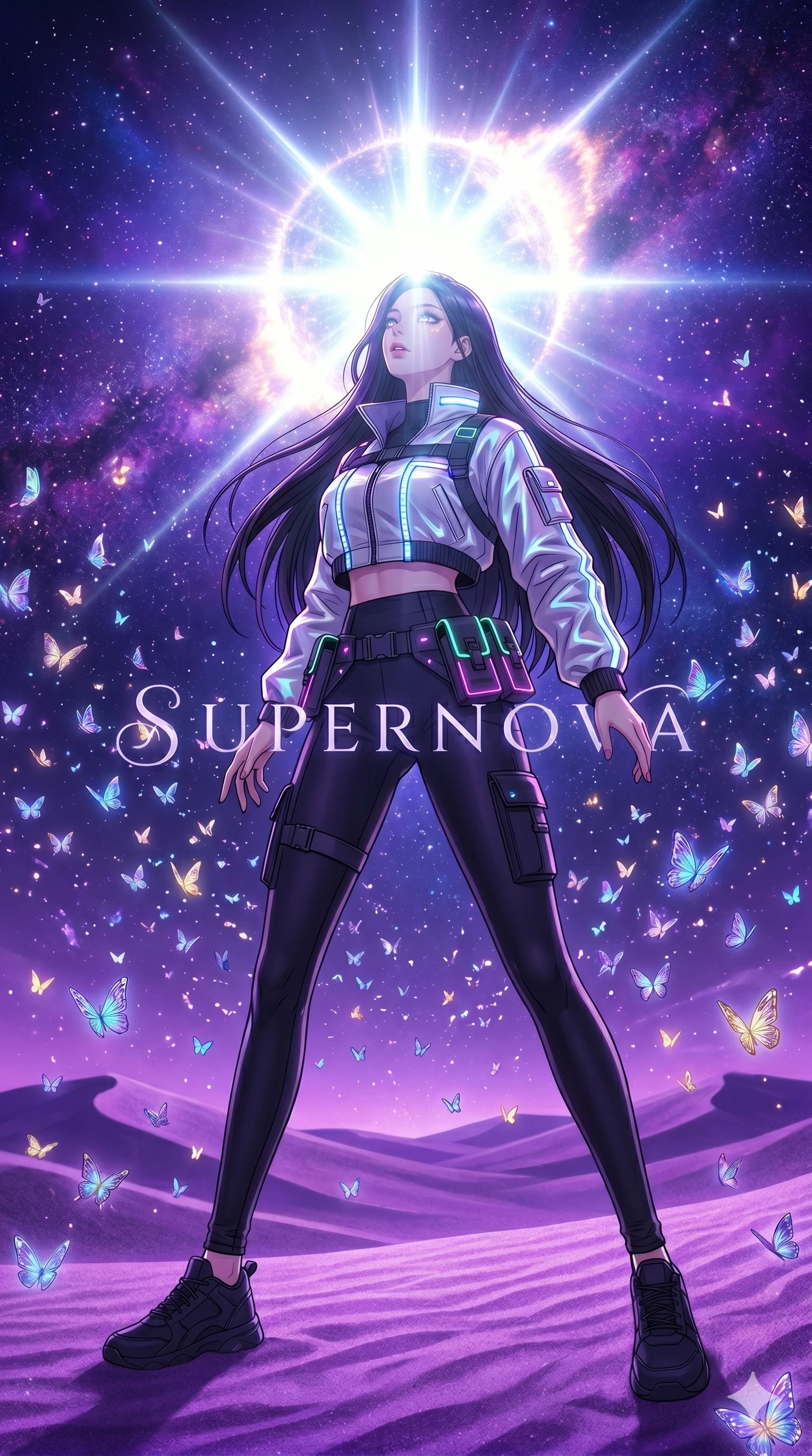 score_9, masterpiece, best quality, ultra-detailed, high-budget anime movie keyframe, cinematic anime lighting, intricate line art, Korean woman. Dynamic full-body shot stretching the vertical silhouette across the 9:16 frame. observing a supernova in a desert of purple sands surrounded by glowing butterflies. She has an absolutely perfect 8-heads proportion, an exceptionally tall and slender female figure with an ultra-slim waist and impossibly long slender legs. sharp v-shaped jawline, high-bridge nose, intricate jewel-like eyes, thick eyelashes, glossy lips. Wearing modern urban tech-wear ensemble with a cropped reflective bomber jacket, ultra-slim high-waisted cargo leggings, and tactical harness with neon-lit pouches. The scene is illuminated by dramatic atmospheric lighting and vibrant color palettes. , 2k, ultra detail, master piece, 9:16 ratio