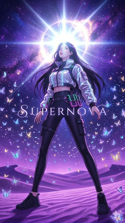 score_9, masterpiece, best quality, ultra-detailed, high-budget anime movie keyframe, cinematic anime lighting, intricate line art, Korean woman. Dynamic full-body shot stretching the vertical silhouette across the 9:16 frame. observing a supernova i