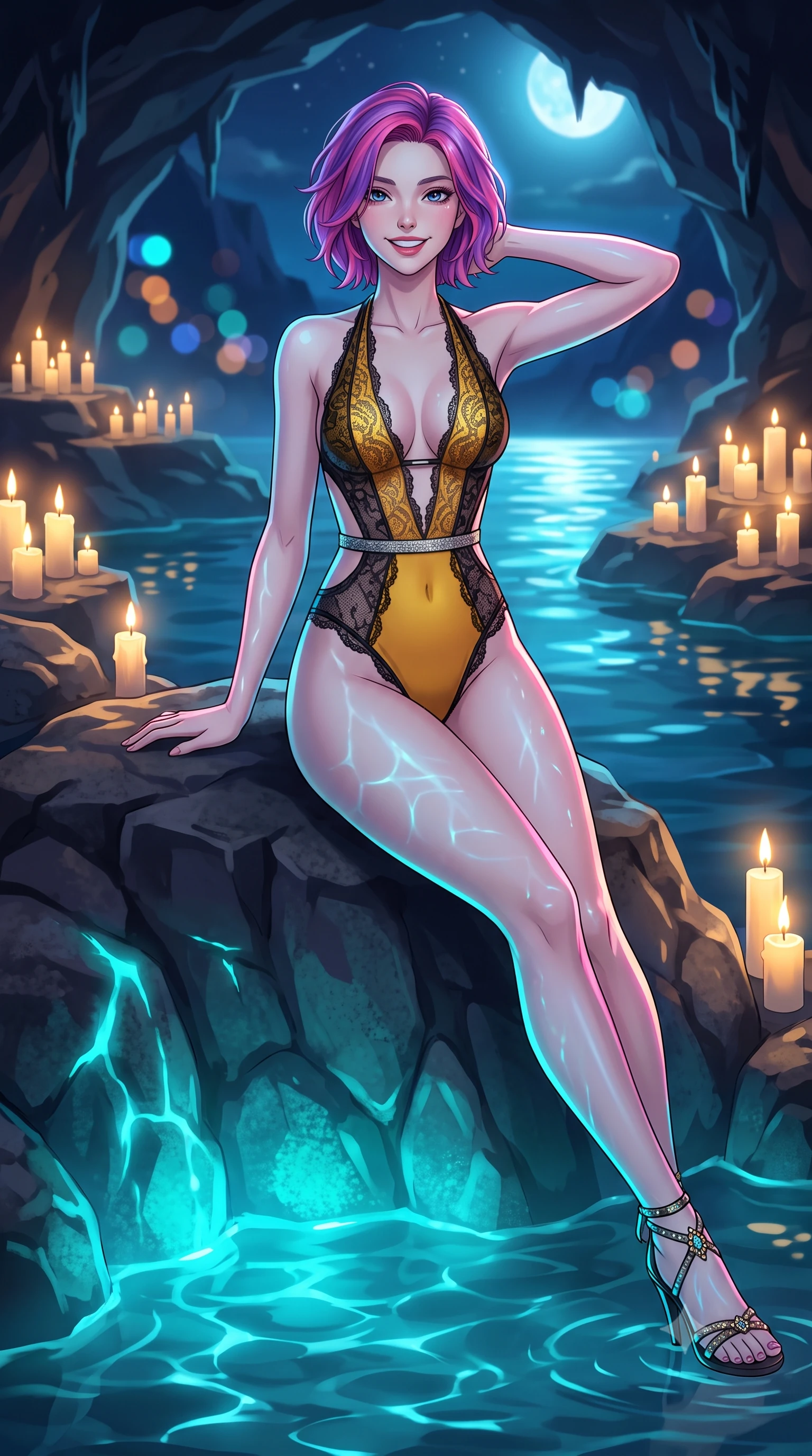 score_9, masterpiece, best quality, ultra-detailed, high-budget anime keyframe, semi-realistic 3D game render, editorial fashion photography, tasteful artistic composition, Caucasian woman. close-up cowboy shot from the waist and thighs up, the character dominates the composition, filling the frame with her large presence. resting both hands lightly behind her neck with elbows raised, arching her spine to highlight her narrow waist, flat midriff, and breathtaking collarbones while lounging in the natural rock pool with torso propped on one elbow with legs extended, displaying her long slender limbs and statuesque hourglass silhouette. The background shows a soft-focus magical phosphorescent cyan glow radiating from underwater cave depths, clusters of glowing pillar candles on stone ledges, and moonlight through the cave opening blurred into electric cyan, amber, and indigo bokeh. She has an exceptionally elegant, slender, and willowy female figure with an ultra-slim waist, flat toned midriff, narrow ribcage, and sculpted feminine hips creating an alluring, slim hourglass silhouette without bulk. sharp v-shaped jawline, high-bridge nose, intricate jewel-like sparkling eyes with depth, thick eyelashes, glossy parted lips with a natural peach sheen, bright cheerful beaming smile with an enchanting and coquettish sensual glint, exuding both youthful cute charm and seductive allure, flawlessly proportioned anatomical accuracy, strict slender model proportions, natural body alignment, perfectly sculpted long slender limbs, ultra-slim waistline, clean dynamic posture without body distortion. wearing a delicate semi-sheer Chantilly lace teddy with an open halter neck and crystal-encrusted waist strap in Hakone steaming sulfur amber and volcanic basalt black, woven from fine semi-opaque stretch illusion mesh tracing her slender contours, complemented by strappy stiletto sandals with crystal ankle wraps accentuating her slender calves, the precision-cut side openings and low-back scoop framing her graceful spine and the sensual sweep of her slim, toned hips. illuminated by cave water caustics bounce and sharp electric-cyan and rose rim lights sculpting her cheekbones, flat midriff, and curvaceous hips. highly saturated vibrant anime colors, detailed shading with soft gradients, rich glossy textures, high-contrast stereoscopic depth, volumetric dynamic lighting, master piece, 9:16 ratio