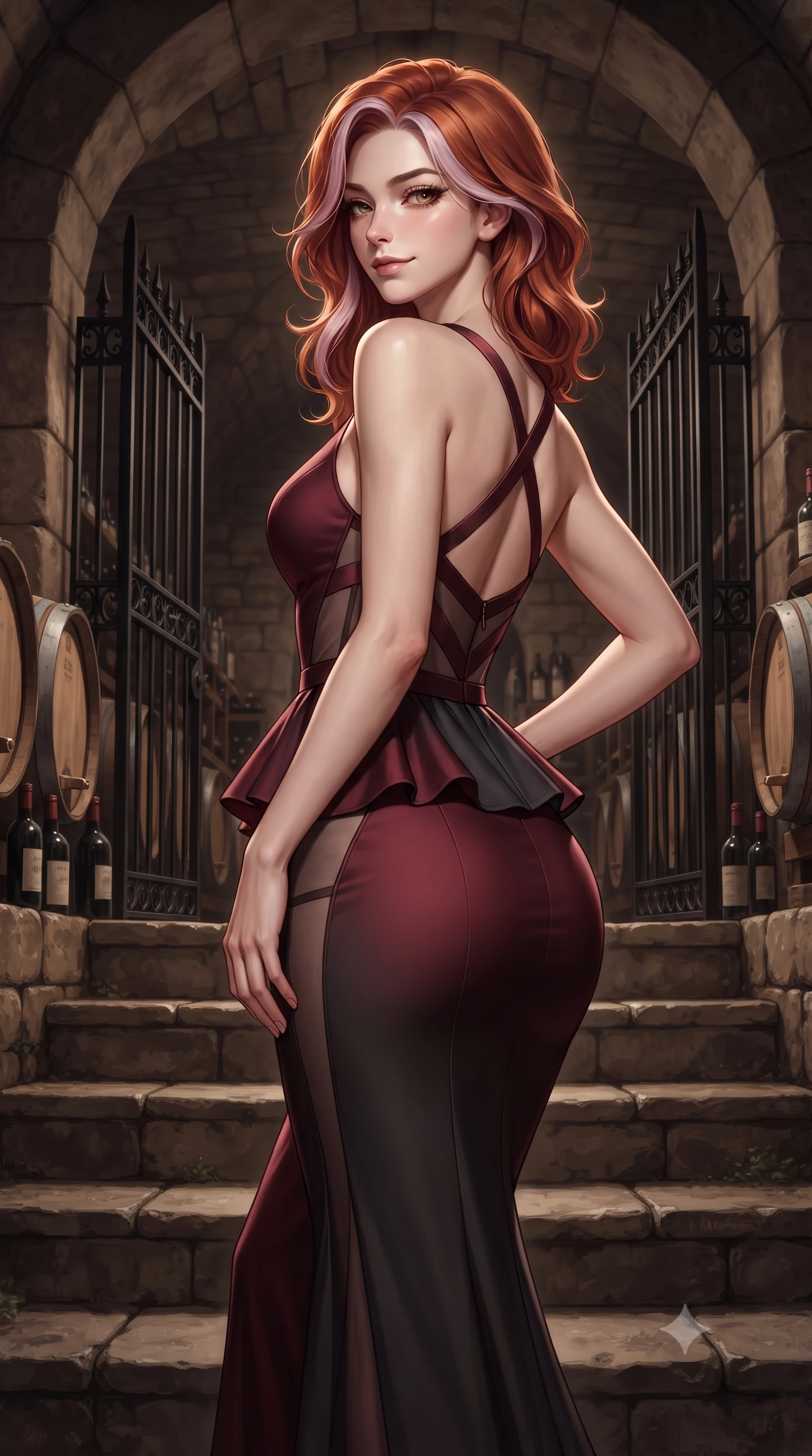 score_9, masterpiece, best quality, ultra-detailed, high-budget anime keyframe, editorial fashion photography, tasteful artistic composition, Caucasian woman. close-up cowboy shot from the waist and thighs up, the character dominates the composition, filling the frame with her large presence. tilting her chin up with proud, sovereign allure while gazing through thick eyelashes, one hand resting on her waist in pure supermodel charisma while gliding down the cool stone cellar steps with supermodel poise, looking back over a bare shoulder with an intoxicating, aristocratic half-smile. The surrounding environment is rendered in vivid detail and crisp panoramic clarity. rich high-contrast French château chiaroscuro and decadent underground winery aesthetics rendered with precision. She has an exceptionally elegant, slender, and willowy female figure with an ultra-slim waist, a gracefully sculpted slender torso, toned flat midriff, and rounded feminine hips creating an alluring hourglass silhouette. sharp v-shaped jawline, high-bridge nose, intricate jewel-like eyes with depth, thick eyelashes, glossy parted lips with a natural sheen, intensely captivating and seductive bedroom-eyes expression, flawlessly proportioned anatomical accuracy, strict slender model proportions, natural body alignment, perfectly sculpted long slender limbs, ultra-slim waistline, clean dynamic posture without body distortion. wearing a structural geometric peplum gown with sheer side-ribbon cutouts and form-fitting skirt in rich Cabernet wine red and dark smoky charcoal, made of fluid silk crepe with delicate inner corsetry boning, finished with criss-cross back satin straps highlighting her graceful shoulder blades, the glove-like aerodynamic silhouette tightly following the natural contour of her hips and long slender legs with statuesque precision. illuminated by rich specular rim lights defining her razor-sharp jawline, narrow waist, and curvy hips. ultra-reflective glossy finish, specular highlights, rich textural contrasts, high-contrast stereoscopic depth, volumetric dynamic lighting, 2k, ultra detail, master piece, 9:16 ratio