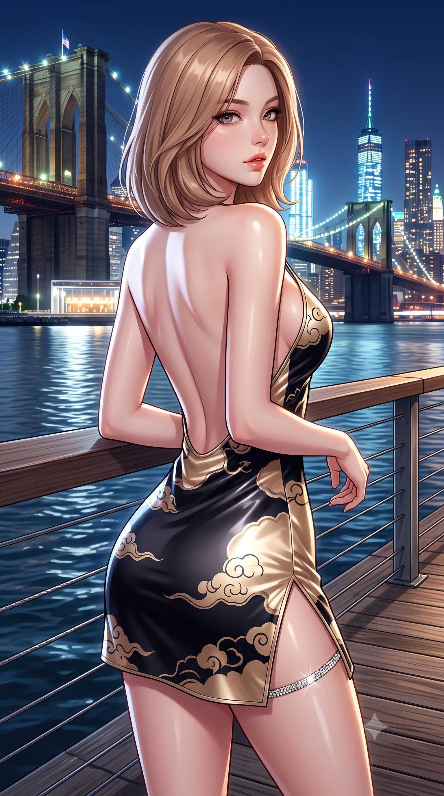 score_9, masterpiece, best quality, ultra-detailed, high-budget anime keyframe, semi-realistic 3D game render, editorial fashion photography, tasteful artistic composition, Korean woman. close-up cowboy shot from the waist and thighs up, the character dominates the composition, filling the frame with her large presence. posing in an alluring rear three-quarter angle, looking over a bare shoulder with parted glossy lips, her hips cocked back to highlight her slim hourglass curve while standing at the pier wooden railing overlooking the illuminated suspension bridge, arching her back with breathtaking city-pop romance. The surrounding environment is rendered in vivid detail and crisp panoramic clarity: sharp boardwalk timber grain, stainless steel cable railing, and water wake ripple clarity in deep focus. She has an exceptionally elegant, slender, and willowy female figure with an ultra-slim waist, flat toned midriff, narrow ribcage, and sculpted feminine hips creating an alluring, slim hourglass silhouette without bulk. sharp v-shaped jawline, high-bridge nose, sparkling eyes with hypnotic seductive depth, thick curled eyelashes, glossy parted lips with a natural dewy peach sheen, alluring bedroom-eyes with an enchanting coquettish smile, exuding magnetic siren charisma and sophisticated glamour, flawlessly proportioned anatomical accuracy, strict slender model proportions, natural body alignment, perfectly sculpted long slender limbs, ultra-slim waistline, clean dynamic posture without body distortion. wearing a backless embroidered silk satin slip dress with traditional cloud motifs contouring her narrow waist and curvy hips in midnight obsidian black and shimmering liquid champagne gold, crafted from wet-look high-gloss vinyl fabric with dazzling specular surface reflections, accented with a delicate crystal-encrusted thigh garter strap glinting under the lights, the precision-cut side openings and low-back scoop framing her graceful spine and the sensual sweep of her slim, toned hips. illuminated by harbor water moonbeam bounce and sharp platinum rim lights defining her collarbones, narrow waist, and curvy hips. highly saturated vibrant anime colors, detailed shading with soft gradients, rich glossy textures, high-contrast stereoscopic depth, volumetric dynamic lighting, master piece, 9:16 ratio