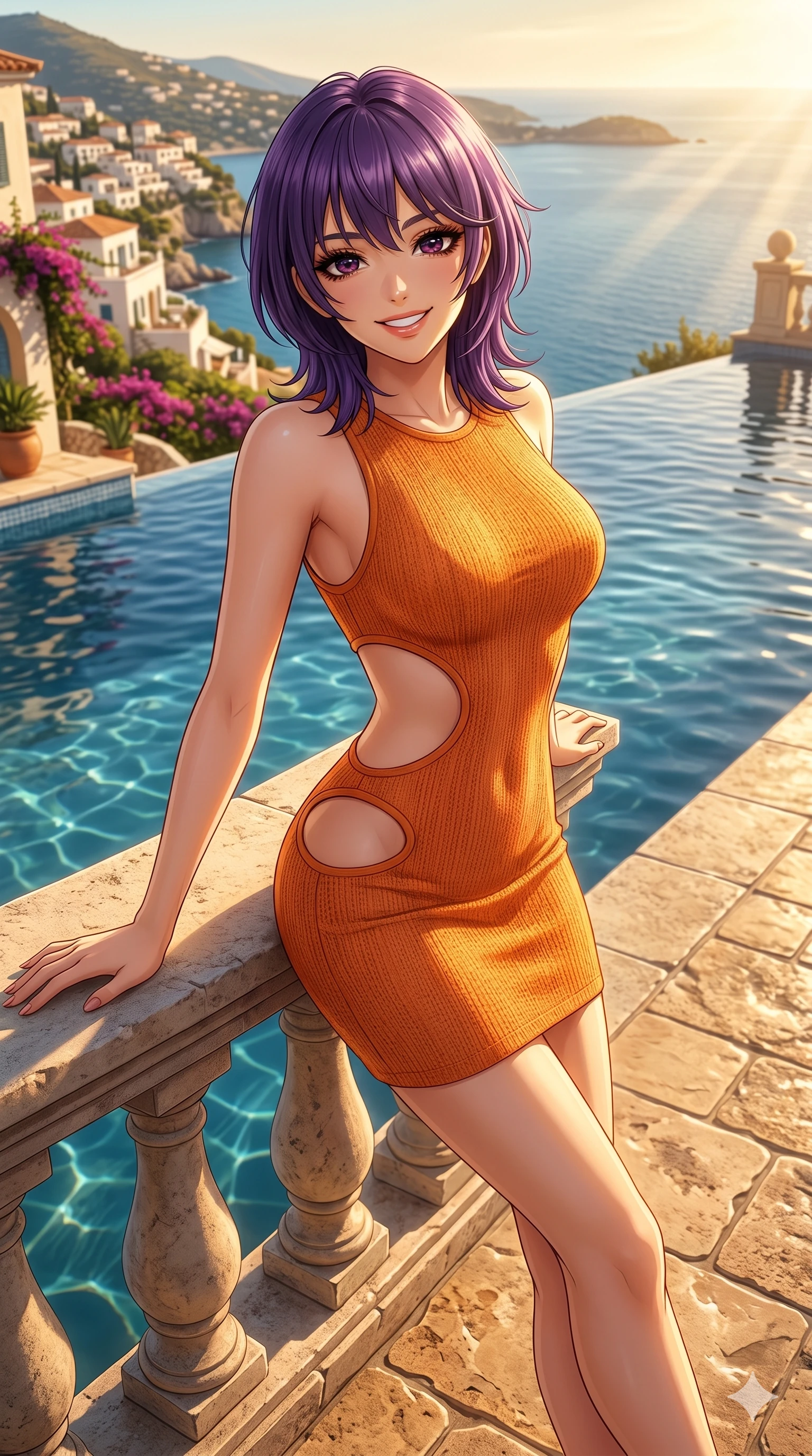score_9, masterpiece, best quality, ultra-detailed, high-budget anime keyframe, editorial fashion photography, tasteful artistic composition, Japanese woman. cowboy shot from the thighs up, character and outfit filling the frame for maximum editorial presence. leaning back with a cheerful, radiant smile, looking forward with bedroom eyes standing by an infinity pool overlooking a sunlit Mediterranean bay. She has an absolutely perfect 8-heads proportion, an exceptionally tall and slender female figure with impossibly long slender legs and an ultra-slim waist. V-shaped jawline, high-bridge nose, intricate jewel-like eyes with depth, thick eyelashes, glossy lips with a natural sheen. wearing a skin-tight orange knit dress with strategic curved cutouts at the waist and hip. bathed in warm, golden afternoon sunbeams casting beautiful shadows on the pool deck. 2k, ultra detail, master piece, 9:16 ratio