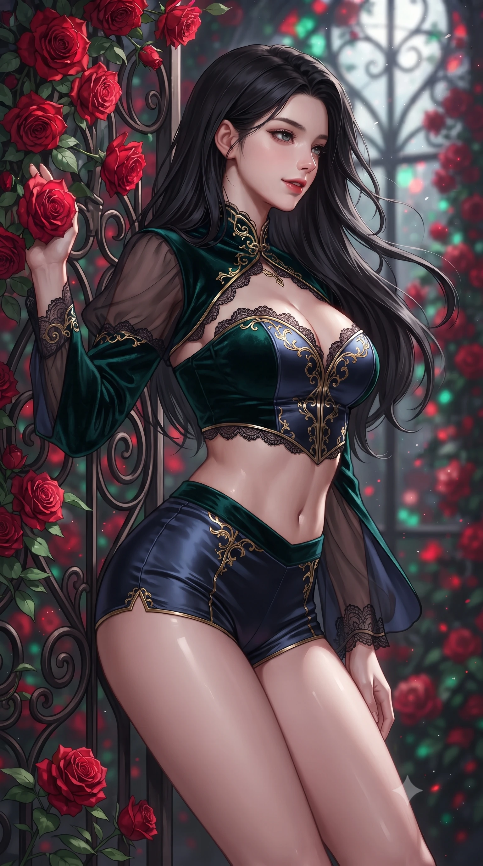 score_9, masterpiece, best quality, ultra-detailed, high-budget anime keyframe, editorial fashion photography, tasteful artistic composition, Korean woman. close-up cowboy shot from the waist and thighs up, the character dominates the composition, filling the frame with her large presence. turning slowly with an enchanting smoldering smile, her glossy hair tossing in the breeze as her hips angle gracefully in a captivating contrapposto while leaning against the wrought-iron conservatory ribbing with hips cocked back, looking through tangled red roses with an irresistible bedroom-gaze. The background shows a soft-focus cascading clusters of velvety blood-red roses, wrought-iron traceries, and moonlit glass panes blurred into crimson, emerald, and silver bokeh. She has an exceptionally elegant, slender, and willowy female figure with an ultra-slim waist, flat toned midriff, narrow ribcage, and sculpted feminine hips creating an alluring, slim hourglass silhouette without bulk. sharp v-shaped jawline, high-bridge nose, sparkling eyes with hypnotic seductive depth, thick curled eyelashes, glossy parted lips with a natural dewy peach sheen, alluring bedroom-eyes with an enchanting coquettish smile, exuding magnetic siren charisma and sophisticated glamour, flawlessly proportioned anatomical accuracy, strict slender model proportions, natural body alignment, perfectly sculpted long slender limbs, ultra-slim waistline, clean dynamic posture without body distortion. wearing a modern two-piece vampire siren set featuring an open-front velvet bolero and curve-hugging satin hot-pants in deep emerald velvet and dark sapphire with gold filigree, made of sheer gossamer chiffon that drapes softly against skin with airy translucence, finished with scalloped eyelash lace trim framing her sweetheart neckline with intimate elegance, the second-skin tailored fabric adhering flawlessly to her sculpted flat midriff and slender torso, emphasizing her long leg lines and perfectly proportioned willowy build. bathed in pure lunar illumination streaming through glass panes mixed with deep red stained-glass refractions. ultra-reflective glossy finish, specular highlights, rich textural contrasts, high-contrast stereoscopic depth, volumetric dynamic lighting, 2k, ultra detail, master piece, 9:16 ratio