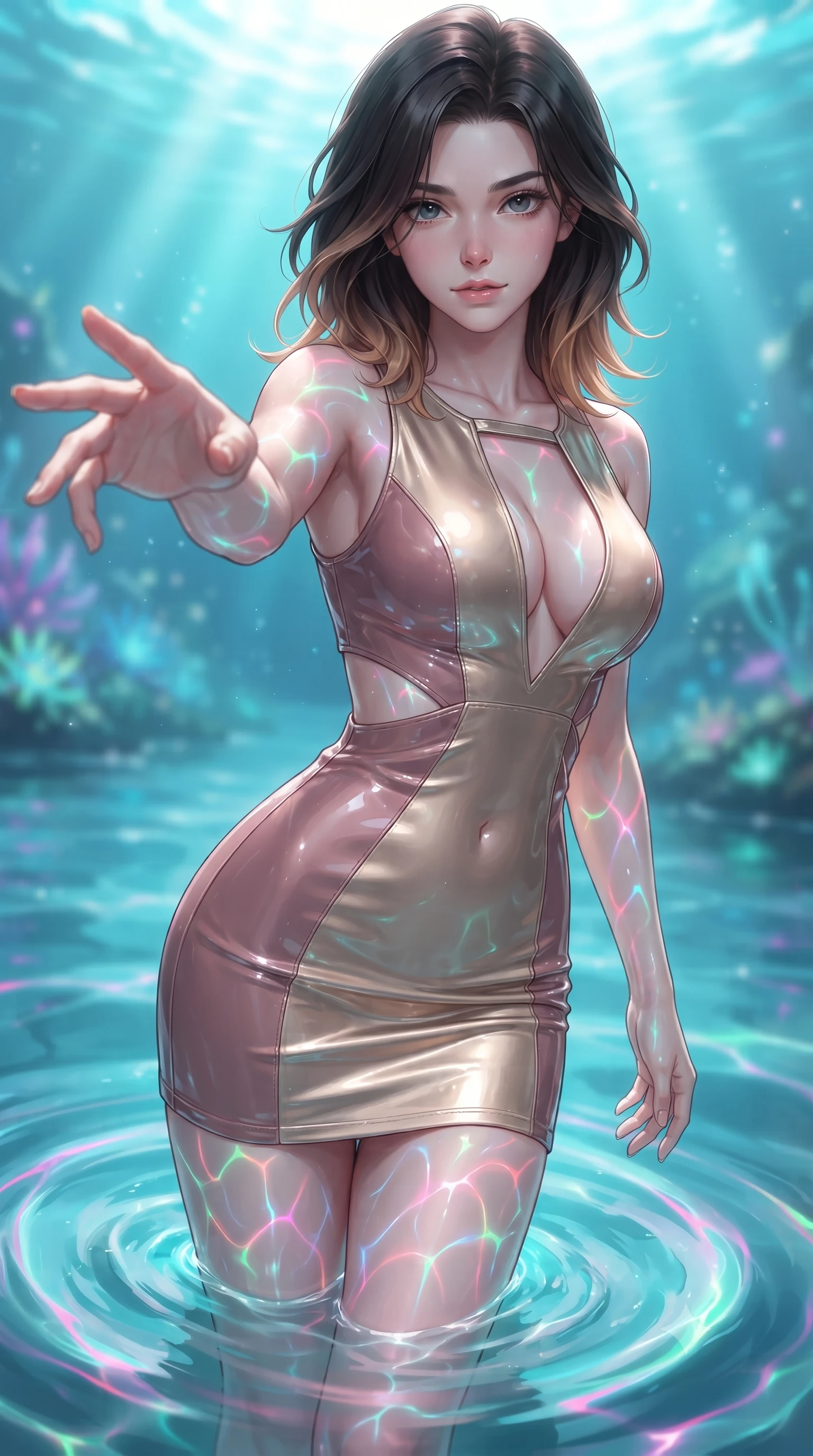 score_9, masterpiece, best quality, ultra-detailed, high-budget anime keyframe, editorial fashion photography, tasteful artistic composition, Korean woman. close-up cowboy shot from the waist and thighs up, the character dominates the composition, filling the frame with her large presence, background elements kept in soft focus. Reaching her hand gracefully toward the camera with magnetic allure, her torso turning in a dynamic S-curve alignment while gliding dynamically over a mirror-like lagoon floor as neon ripples dance across her form, fluorescent water currents swirling smoothly around her slender limbs. She has an exceptionally elegant, slender, and willowy female figure with an ultra-slim waist, a gracefully sculpted slender torso, and a refined silhouette. sharp v-shaped jawline, high-bridge nose, intricate jewel-like eyes with depth, thick eyelashes, glossy lips with a natural sheen, flawlessly proportioned anatomical accuracy, natural body alignment, perfectly sculpted elegant limbs, clean dynamic posture without body distortion. wearing a liquid mercury gloss mini dress with ultra-deep V-neck and waist cutouts in dusty rose and champagne gold, tailored from high-gloss patent leather, accented with a Tasteful chest slit framing her clavicle gracefully, the form-contouring material highlighting her ultra-slim waist and long lines. bathed in brilliant underwater sunbursts and luminous turquoise caustic glow. ultra-reflective glossy finish, specular highlights, metallic sheen, high-contrast stereoscopic depth, volumetric dynamic lighting, 2k, ultra detail, master piece, 9:16 ratio