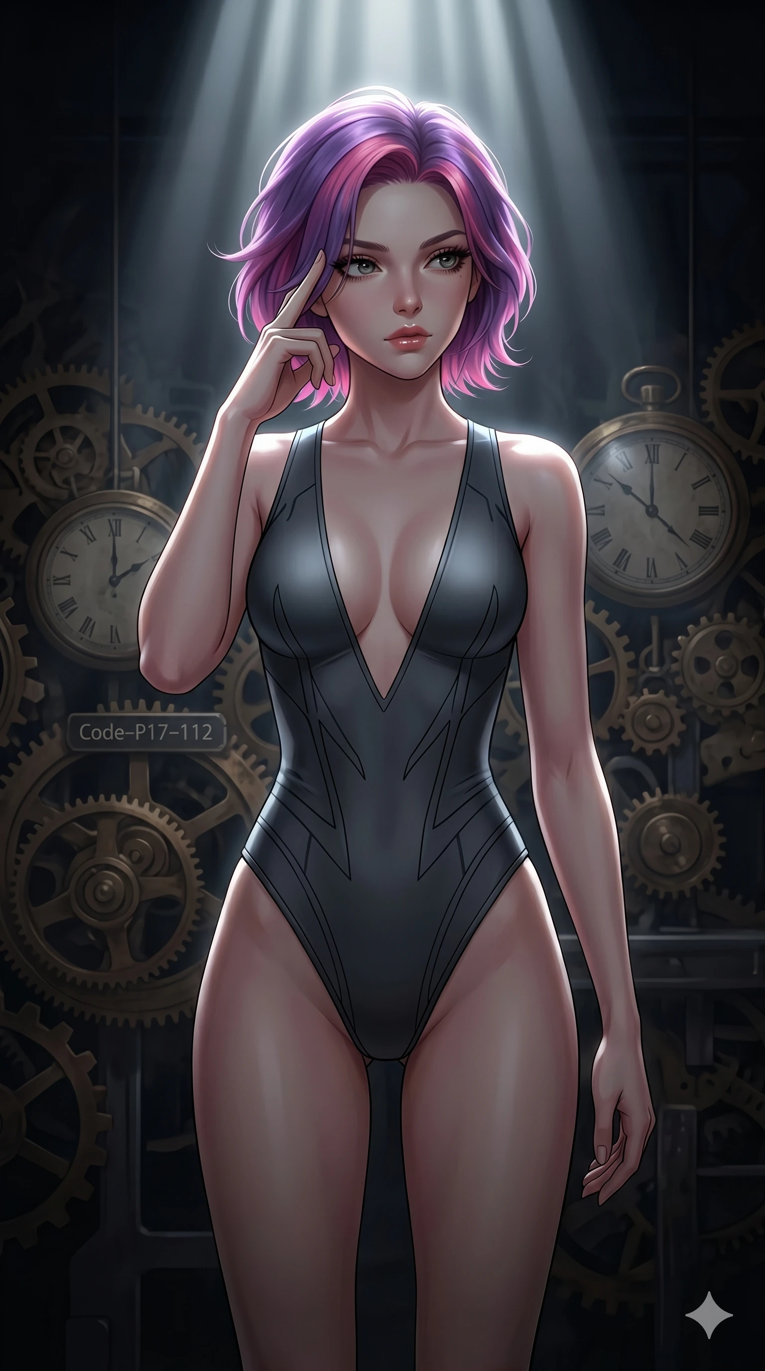 score_9, masterpiece, best quality, ultra-detailed, high-budget anime keyframe, editorial fashion photography, tasteful artistic composition, Caucasian woman, strictly human ears. cowboy shot from the thighs up, character and outfit filling the frame for maximum editorial presence. pressing two fingers to her temple in a composed gesture, looking past the camera inside a temporal rift room with antique gears (Code-P17-112). She has an absolutely perfect 8-heads proportion, an exceptionally tall and slender female figure with impossibly long slender legs and an ultra-slim waist. V-shaped jawline, high-bridge nose, intricate jewel-like eyes with depth, thick eyelashes, glossy lips with a natural sheen. wearing a skin-tight leotard with a plunging neckline and high-cut legs. dramatic theater spotlights from above, outlining her tall slender figure and waist. 2k, ultra detail, master piece, 9:16 ratio