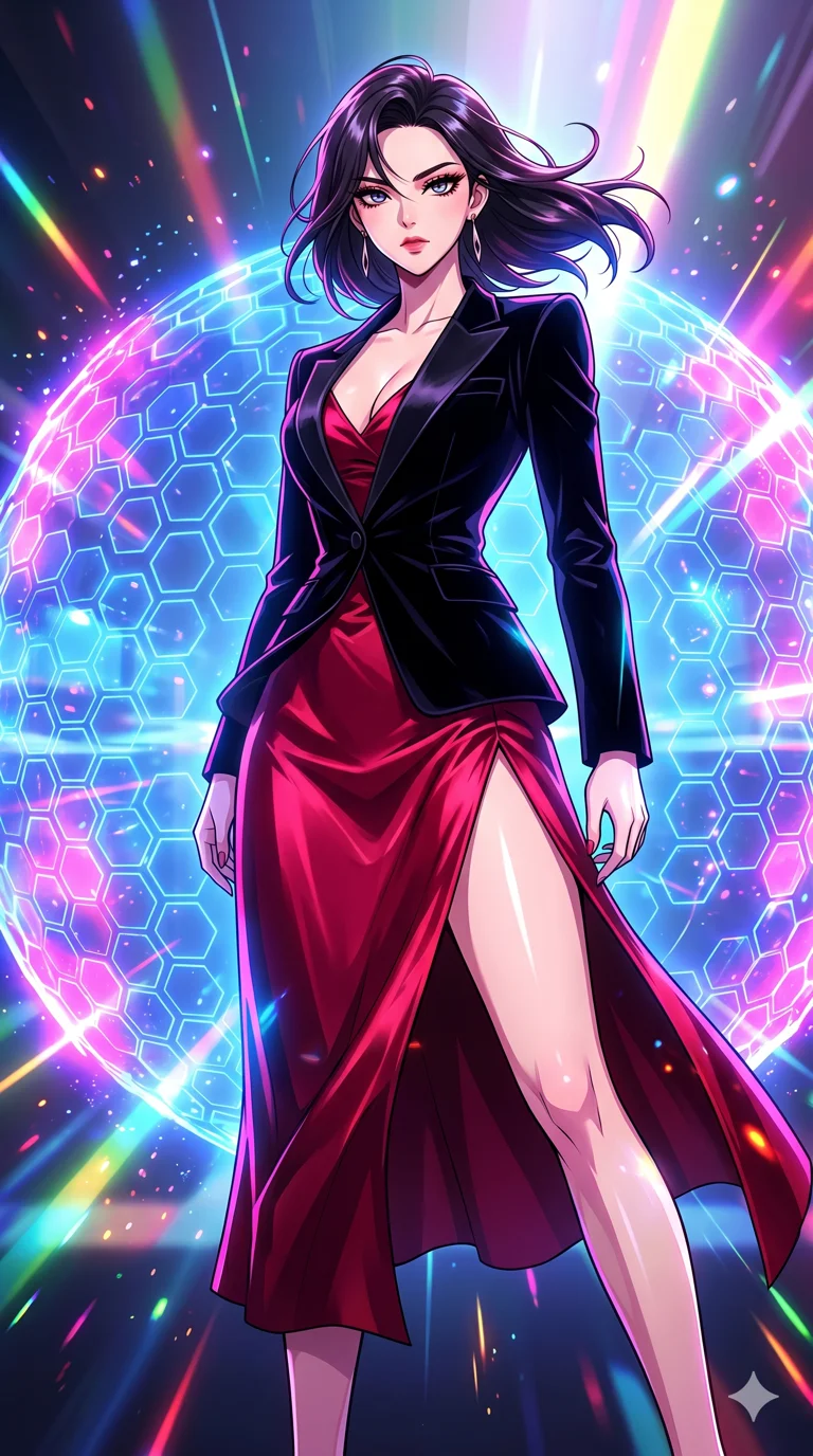 score_9, masterpiece, best quality, ultra-detailed, High-budget Anime Keyframe, beautiful Korean anime girl. Low angle cowboy shot filling the entire 9:16 frame with her overwhelming presence. Summoning a shield made of hexagonal energy tiles with an overwhelming presence that dominates the space. She has an absolutely perfect 8-heads proportion, an exceptionally tall and slender female figure with impossibly long slender legs and an ultra-slim waist. Sharp v-shaped jawline, high-bridge nose, intricate jewel-like eyes with depth, thick eyelashes, glossy lips with a natural sheen. Wearing a High-Fashion Editorial outfit: crimson silk slip dress with high side slit, backless velvet gown, structured blazer with nothing underneath. Background is a bright and colorful environment with cinematic lighting, dynamic particle effects, and high-contrast shadows. 2k, ultra detail, master piece, 9:16 ratio