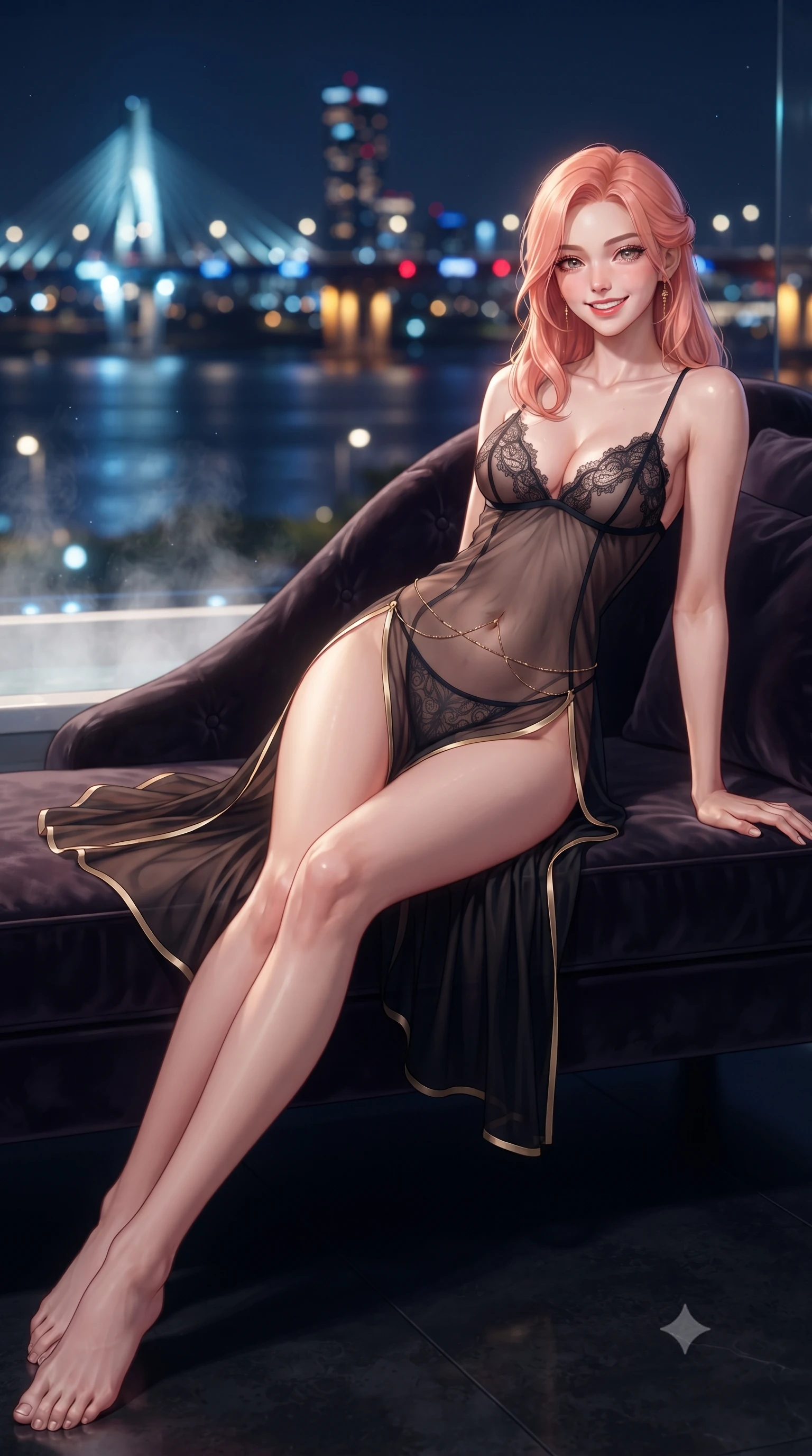 score_9, masterpiece, best quality, ultra-detailed, high-budget anime keyframe, editorial fashion photography, tasteful artistic composition, Japanese woman. low angle full-body shot from head to toe showing her feet, filling the entire 9:16 vertical frame with her statuesque presence, stretching her vertical silhouette. reclining gracefully across the plush chaise lounge with one leg extended, her sculpted silhouette and flat midriff radiating magnetic nocturnal glamour while twisting her slender torso in an alluring contrapposto stance, shimmering bridge reflections and bath steam caressing her flat midriff. The background shows a soft-focus illuminated Olympic Bridge and Seongsu Bridge spans, flowing Han River waters, and dense Seoul skyline blurred into sapphire, gold, and ruby bokeh. She has an exceptionally tall and slender model-like 8.5-heads proportion, an ultra-slim waist, a flat toned midriff, narrow delicate ribcage, and beautifully sculpted feminine hips creating a graceful, slim hourglass silhouette without any bulky heaviness, with impossibly long slender legs. sharp v-shaped jawline, high-bridge nose, intricate jewel-like sparkling eyes with depth, thick eyelashes, glossy parted lips with a natural peach sheen, bright cheerful beaming smile with an enchanting and coquettish sensual glint, exuding both youthful cute charm and seductive allure, flawlessly proportioned anatomical accuracy, strict slender model proportions, natural body alignment, perfectly sculpted long slender limbs, ultra-slim waistline, clean dynamic posture without body distortion. wearing an alluring sheer silk chiffon slip with delicate eyelash lace cups and high side leg slits in midnight noir obsidian black and pure champagne gold, woven from fine semi-opaque stretch illusion mesh tracing her slender contours, accented with a dainty gold belly chain resting across her flat midriff and curving hips, the precision-cut side openings and low-back scoop framing her graceful spine and the sensual sweep of her slim, toned hips. illuminated by tub edge LEDs and sharp platinum-cyan rim lights sculpting her razor-sharp jawline, narrow waist, and curvy hips. ultra-reflective glossy finish, specular highlights, rich textural contrasts, high-contrast stereoscopic depth, volumetric dynamic lighting, 2k, ultra detail, master piece, 9:16 ratio
