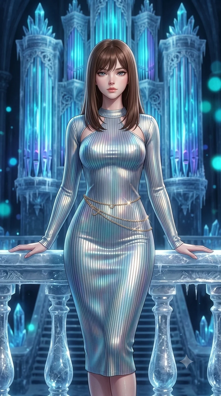 score_9, masterpiece, best quality, ultra-detailed, high-budget anime keyframe, semi-realistic 3D game render, editorial fashion photography, tasteful artistic composition, Korean woman. close-up cowboy shot from the waist and thighs up, the character dominates the composition, filling the frame with her large presence. leaning back against the balustrade with relaxed seductive grace, head tilted back slightly while casting a hypnotic, heavy-lidded gaze while standing poised at the center of the frozen cathedral stage beneath monumental ice-crystal pipe organs, arching her lower back with sovereign diva charisma as cyan neon aria lights pulse rhythmically. The background shows a soft-focus towering translucent ice organ pipes glowing with pulsing cyan neon, fluttering silver specular ice crystals, and velvet opera stalls blurred into cyan, silver, and indigo bokeh. She has an exceptionally elegant, slender, and willowy female figure with an ultra-slim waist, flat toned midriff, narrow ribcage, and sculpted feminine hips creating an alluring, slim hourglass silhouette without bulk. sharp v-shaped jawline, high-bridge nose, intricate jewel-like sparkling eyes with depth, thick eyelashes, glossy parted lips with a natural peach sheen, bright cheerful beaming smile with an enchanting and coquettish sensual glint, exuding both youthful cute charm and seductive allure, flawlessly proportioned anatomical accuracy, strict slender model proportions, natural body alignment, perfectly sculpted long slender limbs, ultra-slim waistline, clean dynamic posture without body distortion. wearing an ultra-sleek form-fitting ribbed knit midi dress with elegant collar cutouts contouring her feminine hourglass silhouette in iridescent mother-of-pearl and liquid molten silver, made of fluid liquid jersey with seamless sculpting hold and smooth contours, accented with a dainty gold belly chain resting across her flat midriff and curving hips, the second-skin tailored fabric adhering flawlessly to her sculpted flat midriff and slender torso, emphasizing her long leg lines and perfectly proportioned willowy build. illuminated by polished ice stage reflection bounce and sharp cyan-silver rim lights sculpting her jawline, narrow waist, and curvy hips. highly saturated vibrant anime colors, detailed shading with soft gradients, rich glossy textures, high-contrast stereoscopic depth, volumetric dynamic lighting, master piece, 9:16 ratio
