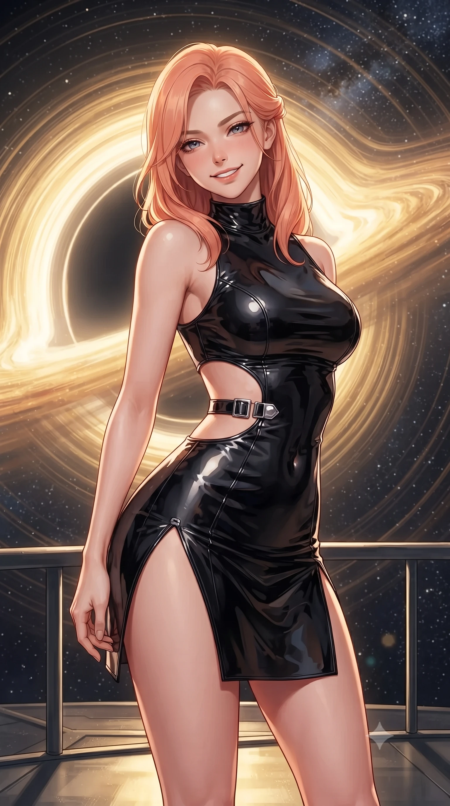 score_9, masterpiece, best quality, ultra-detailed, high-budget anime keyframe, editorial fashion photography, tasteful artistic composition, Japanese woman. close-up cowboy shot from the waist and thighs up, the character dominates the composition, filling the frame with her large presence. tilting her head with a teasing half-smile, running one hand slowly down the side of her hip in a flirtatious S-curve as ambient light caresses her silhouette while standing poised on the cantilevered observation bridge before the monumental golden accretion disk of the singularity core, arching her lower back with sovereign supermodel grace. The background shows a soft-focus swirling golden accretion disk, curving gravitational lensing photon rings, and deep starfield distorted by extreme gravity blurred into amber, gold, and jet-black bokeh. She has an exceptionally elegant, slender, and willowy female figure with an ultra-slim waist, flat toned midriff, narrow ribcage, and sculpted feminine hips creating an alluring, slim hourglass silhouette without bulk. sharp v-shaped jawline, high-bridge nose, intricate jewel-like sparkling eyes with depth, thick eyelashes, glossy parted lips with a natural peach sheen, bright cheerful beaming smile with an enchanting and coquettish sensual glint, exuding both youthful cute charm and seductive allure, flawlessly proportioned anatomical accuracy, strict slender model proportions, natural body alignment, perfectly sculpted long slender limbs, ultra-slim waistline, clean dynamic posture without body distortion. wearing a provocative open-waist cutout mini dress framed by polished chrome hardware and thigh-high slit in singularity accretion gold and deep space void black, tailored from high-gloss patent leather with mirror-like specular highlights, finished with sleek magnetic buckle closures fluttering in the breeze, the liquid-tight tailored fabric clinging flawlessly to her narrow waist and rounded feminine hips, emphasizing every millimeter of her sculpted slim hourglass curves without any bulky heaviness. bathed in the blinding golden synchrotron radiation of the accretion disk contrasted with deep obsidian shadow gradients. ultra-reflective glossy finish, specular highlights, rich textural contrasts, high-contrast stereoscopic depth, volumetric dynamic lighting, 2k, ultra detail, master piece, 9:16 ratio