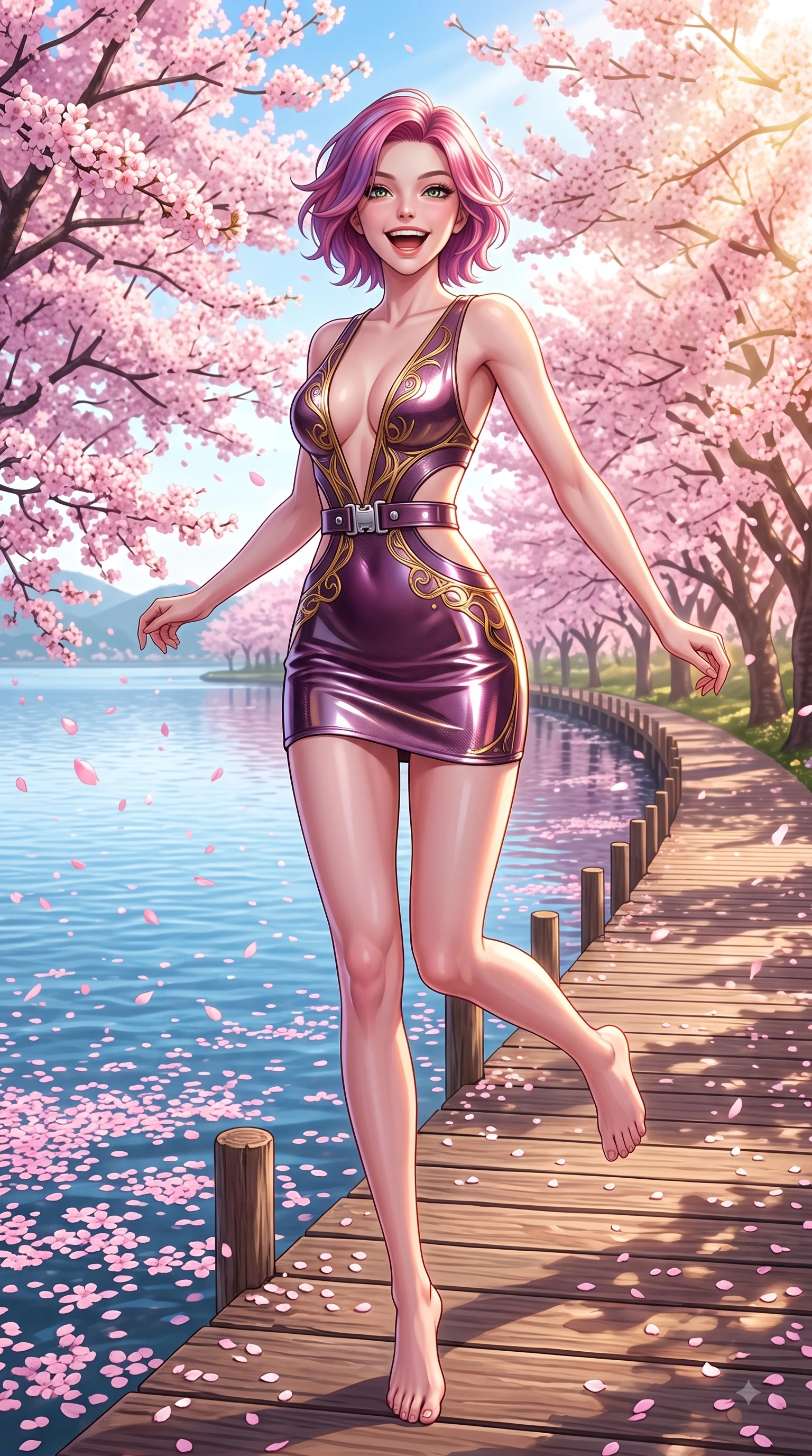 score_9, masterpiece, best quality, ultra-detailed, high-budget anime keyframe, editorial fashion photography, tasteful artistic composition, Caucasian woman. low angle full-body shot from head to toe showing her feet, filling the entire 9:16 vertical frame with her statuesque presence, stretching her vertical silhouette. pivoting dynamically in zero-gravity with a delighted laughing expression, displaying her perfect model proportions while leaping with a beaming happy smile along a wooden lakeside boardwalk lined with sakura trees, dense canopies of pink cherry blossoms scattering petals across the clear blue lake. She has an absolutely perfect, statuesque 8.5-heads proportion, an exceptionally tall and slender model-like female figure with impossibly long slender legs and an ultra-slim waist. sharp v-shaped jawline, high-bridge nose, intricate jewel-like eyes with depth, thick eyelashes, glossy lips with a natural sheen, flawlessly proportioned anatomical accuracy, natural body alignment, perfectly sculpted elegant limbs, clean dynamic posture without body distortion. wearing a liquid mercury gloss mini dress with ultra-deep V-neck and waist cutouts in plum purple and gold filigree, made of fine carbon-fiber weave and soft matte leather, detailed with polished silver buckles along the waistline, the elegant draped fit framing her graceful clavicle and slender torso. bathed in bright morning sunbeams and warm golden sakura backlighting. ultra-reflective glossy finish, specular highlights, metallic sheen, high-contrast stereoscopic depth, volumetric dynamic lighting, 2k, ultra detail, master piece, 9:16 ratio