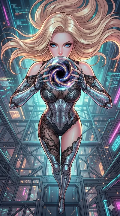 score_9, masterpiece, best quality, ultra-detailed, high-budget anime movie keyframe, cinematic anime lighting, intricate line art, Korean woman. Extreme high angle shot as she leaps towards the camera, filling the frame. staring into a singularity h