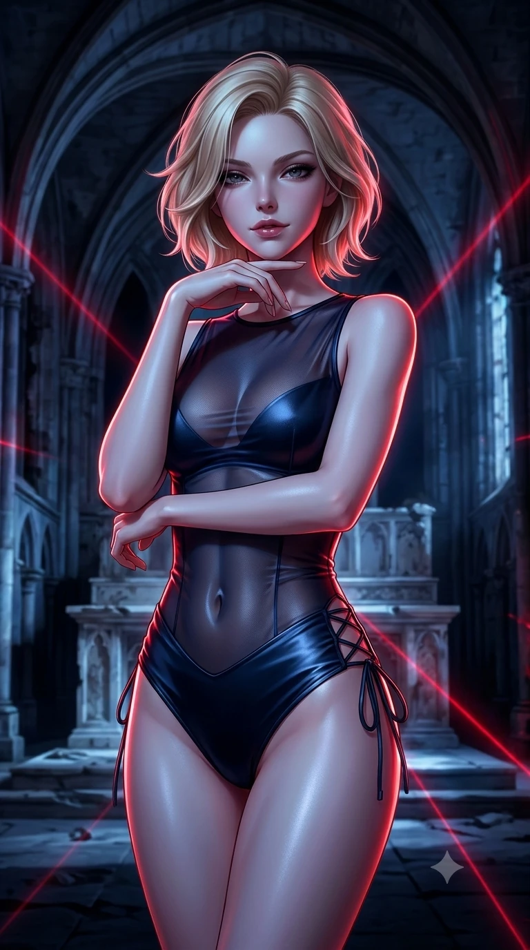 score_9, masterpiece, best quality, ultra-detailed, high-budget anime keyframe, semi-realistic 3D game render, editorial fashion photography, tasteful artistic composition, Caucasian woman. close-up cowboy shot from the waist and thighs up, the character dominates the composition, filling the frame with her large presence. resting her chin on the backs of her fingers with an air of effortless superiority and parted glossy lips while twisting her slender torso in an alluring contrapposto stance beneath the vaulted stone arches, moonlight and crimson laser rays tracing her curves. The background shows a soft-focus ancient ruined European cathedral softened in gothic nocturnal shallow focus. She has an exceptionally elegant, slender, and willowy female figure with an ultra-slim waist, flat toned midriff, narrow ribcage, and sculpted feminine hips creating an alluring, slim hourglass silhouette without bulk. sharp v-shaped jawline, high-bridge nose, intricate jewel-like dark sparkling eyes with hypnotic seductive depth, thick curled eyelashes, glossy parted lips with a natural wine sheen, alluring bedroom-eyes with an enigmatic smoldering smile, exuding magnetic sovereign charisma and dark avant-garde glamour, flawlessly proportioned anatomical accuracy, strict slender model proportions, natural body alignment, perfectly sculpted long slender limbs, ultra-slim waistline, clean dynamic posture without body distortion. wearing a delicate semi-translucent wet-look mesh bodysuit clinging sheerly to her sculpted torso and hip curves in midnight navy blue and smoky pitch black, tailored from smooth liquid silk satin that clings smoothly to her narrow waist and rounded hips with a dewy sheen, featuring fine criss-cross lace-up side ties revealing tantalizing glimpses of her hip curve, the liquid-tight tailored fabric clinging flawlessly to her narrow waist and rounded feminine hips, emphasizing every millimeter of her sculpted slim hourglass curves without any bulky heaviness. illuminated by moonlit altar marble bounce and sharp blood-ruby rim lights sculpting her razor-sharp jawline, narrow waist, and curvy hips. highly saturated vibrant anime colors, detailed shading with soft gradients, rich glossy textures, high-contrast stereoscopic depth, volumetric dynamic lighting, master piece, 9:16 ratio