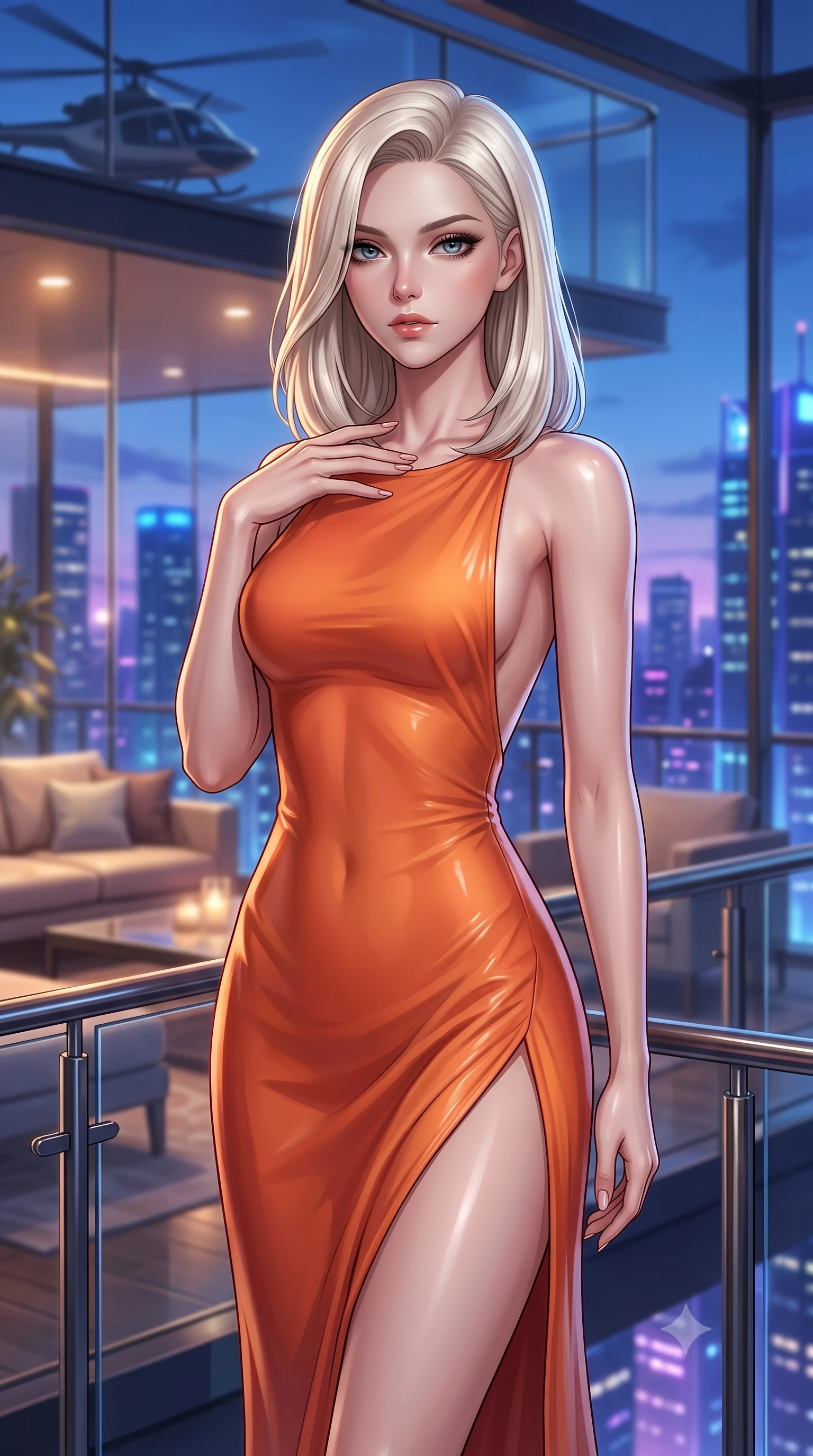 score_9, masterpiece, best quality, ultra-detailed, high-budget anime keyframe, editorial fashion photography, tasteful artistic composition, Caucasian woman. close-up cowboy shot from the waist and thighs up, the character dominates the composition, filling the frame with her large presence, background elements kept in soft focus. standing with one hand resting on her collarbone, looking at the viewer with bedroom-eyes the background shows a soft-focus a modern rooftop helicopter lounge with glass walls overlooking skyscrapers. She has an exceptionally elegant, slender, and willowy female figure with an ultra-slim waist, a gracefully sculpted slender torso, and a refined silhouette. sharp v-shaped jawline, high-bridge nose, intricate jewel-like eyes with depth, thick eyelashes, glossy lips with a natural sheen. wearing a body-hugging high-slit resort gown in sunset orange chiffon, featuring a daring thigh-slit and open back. glittering blue and violet city skyline lights contrasting with warm room lights. ultra-reflective glossy finish, specular highlights, metallic sheen, high-contrast stereoscopic depth, volumetric dynamic lighting, 2k, ultra detail, master piece, 9:16 ratio
