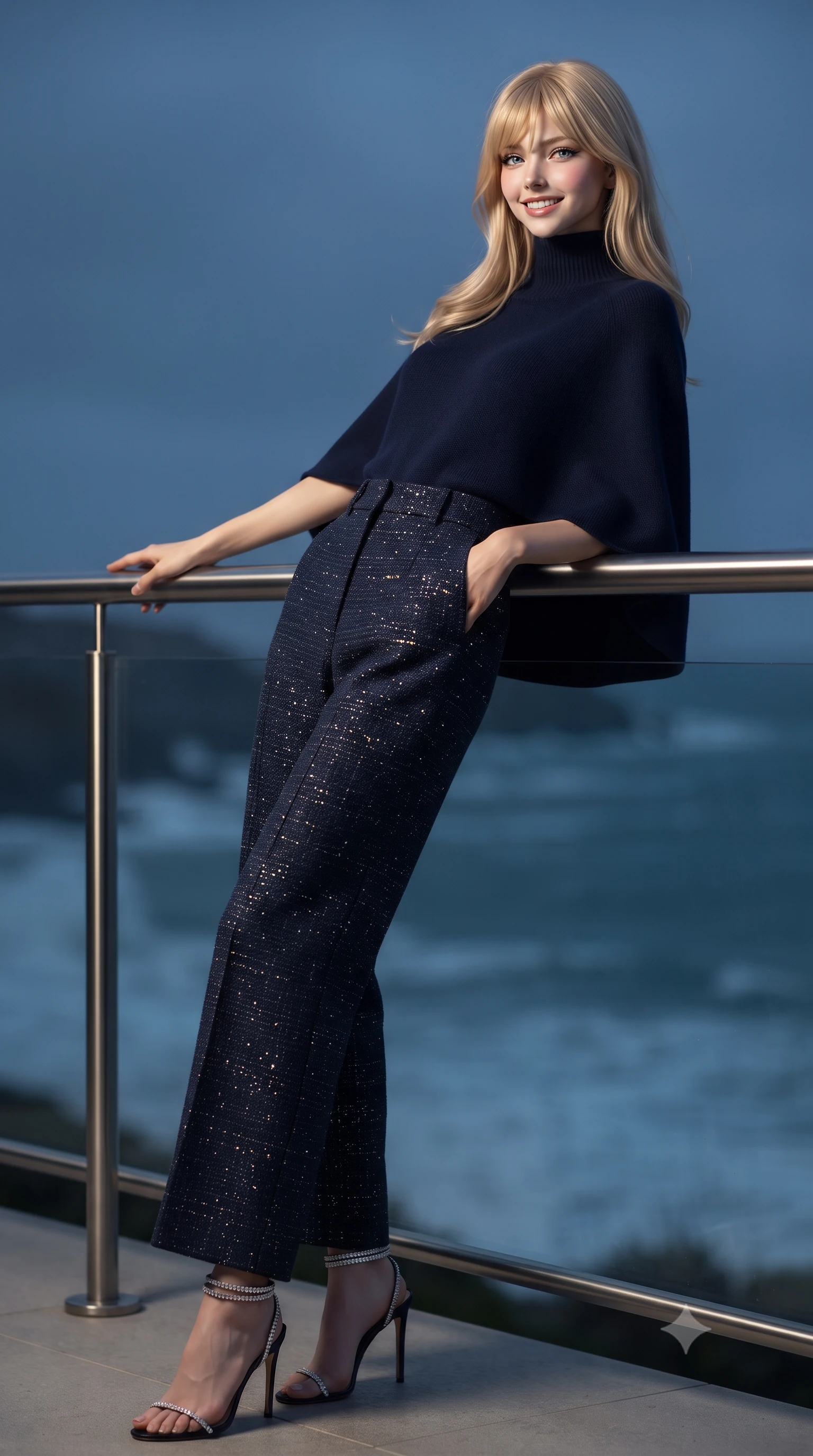 score_9, masterpiece, best quality, ultra-detailed, high-budget anime keyframe, editorial fashion photography, tasteful artistic composition, Japanese woman. low angle full-body shot from head to toe showing her feet, filling the entire 9:16 vertical frame with her statuesque presence, stretching her vertical silhouette. leaning deep against the balcony balustrade with hips cocked back in an unapologetically alluring high-fashion stance, casting an intoxicating glance while leaning against the stainless steel railing with hips cocked back, looking into the stormy Atlantic night with smoldering bedroom-eyes. The background shows a soft-focus salty ocean spray softened in wild Breton coastline shallow focus. She has an exceptionally tall and slender model-like 8.5-heads proportion, an ultra-slim waist, a flat toned midriff, narrow delicate ribcage, and beautifully sculpted feminine hips creating a graceful, slim hourglass silhouette without any bulky heaviness, with impossibly long slender legs. sharp v-shaped jawline, high-bridge nose, intricate jewel-like sparkling eyes with depth, thick eyelashes, glossy parted lips with a natural peach sheen, bright cheerful beaming smile with an enchanting and coquettish sensual glint, exuding both youthful cute charm and seductive allure, flawlessly proportioned anatomical accuracy, strict slender model proportions, natural body alignment, perfectly sculpted long slender limbs, ultra-slim waistline, clean dynamic posture without body distortion. wearing a bespoke high-neck cashmere knit cape coat paired with tailored wide-leg wool trousers in Viennese golden secession noir and imperial 24k gold leaf, woven from structured British tweed with subtle metallic flecks, complemented by strappy stiletto sandals with crystal ankle wraps accentuating her slender calves, the bespoke structured tailoring following the natural line of her 8.5-heads silhouette with refined elegance. bathed in periodic sweeping golden lighthouse lamp beams contrasted with deep navy ocean ambient and moonlight. ultra-reflective glossy finish, specular highlights, rich textural contrasts, high-contrast stereoscopic depth, volumetric dynamic lighting, 2k, ultra detail, master piece, 9:16 ratio